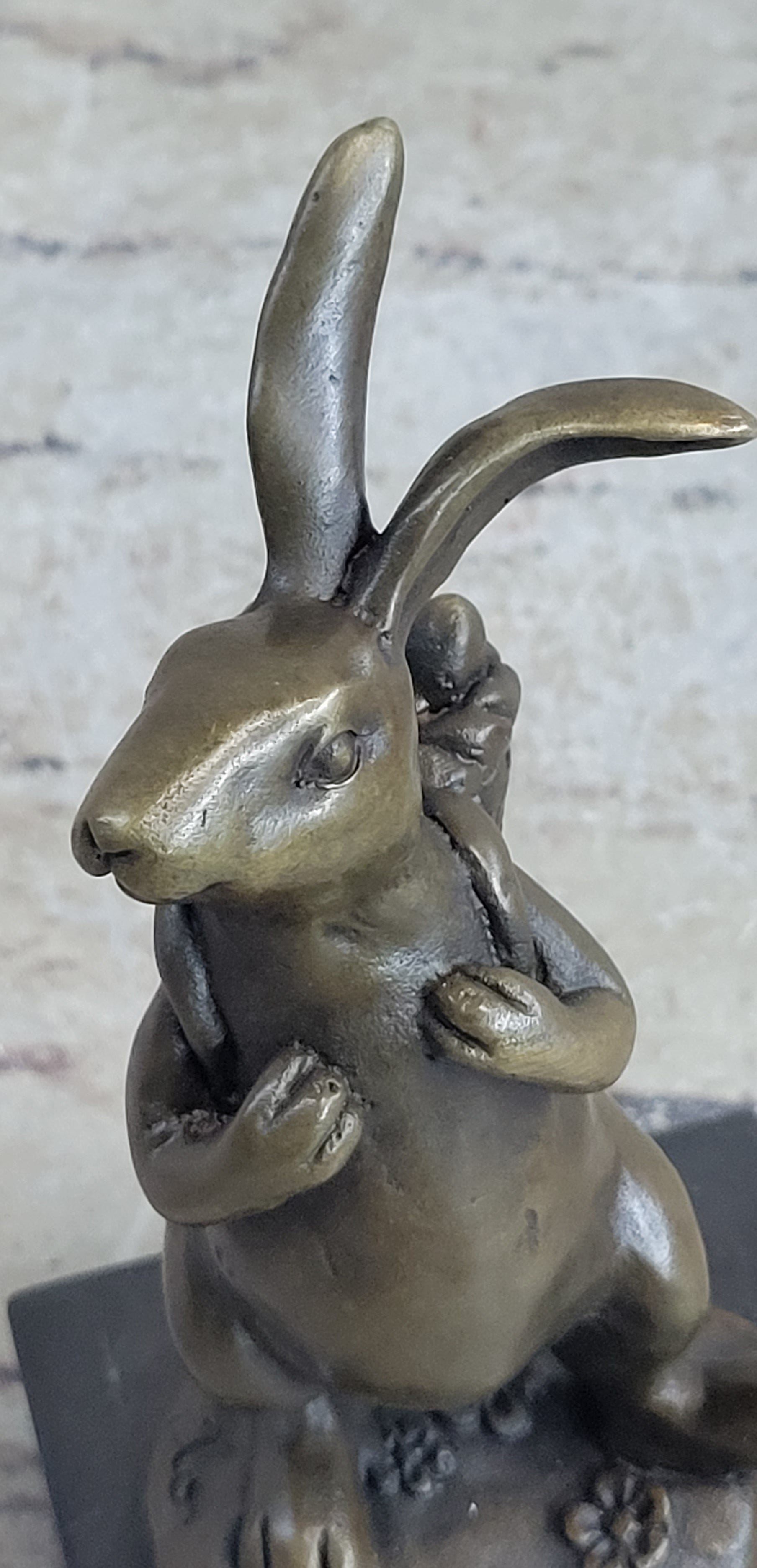 Signed Milo Bunny W. Basket of Flower Bronze Art Sculpture