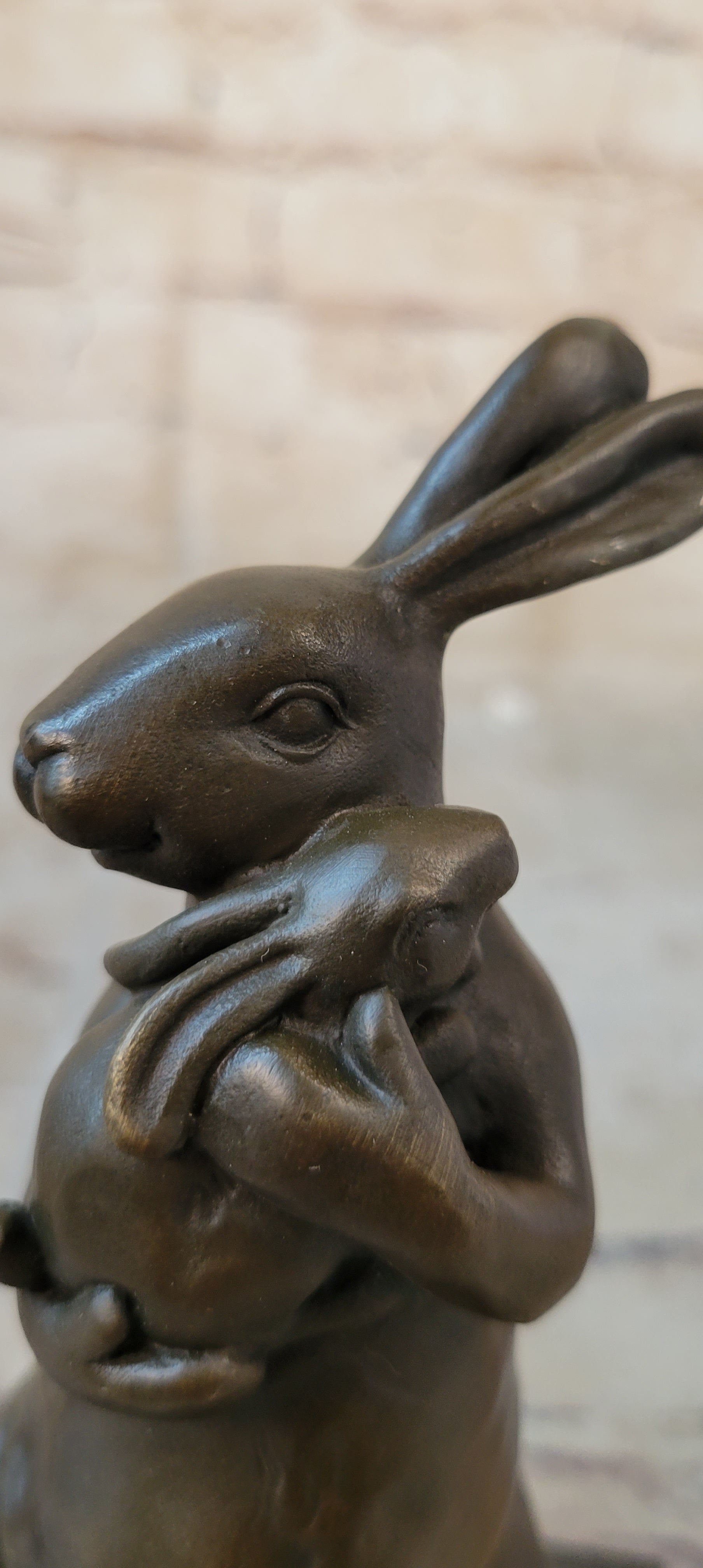 Bronze Sculpture of Bunny Rabbit Holding Baby by Milo