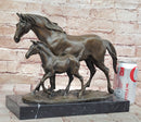 Bronze Mare and Foal Horse Sculpture on Marble Base