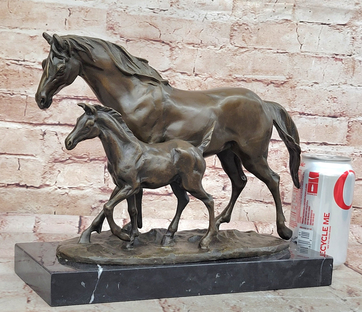 Bronze Mare and Foal Horse Sculpture on Marble Base