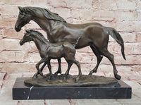 Bronze Mare and Foal Horse Sculpture on Marble Base