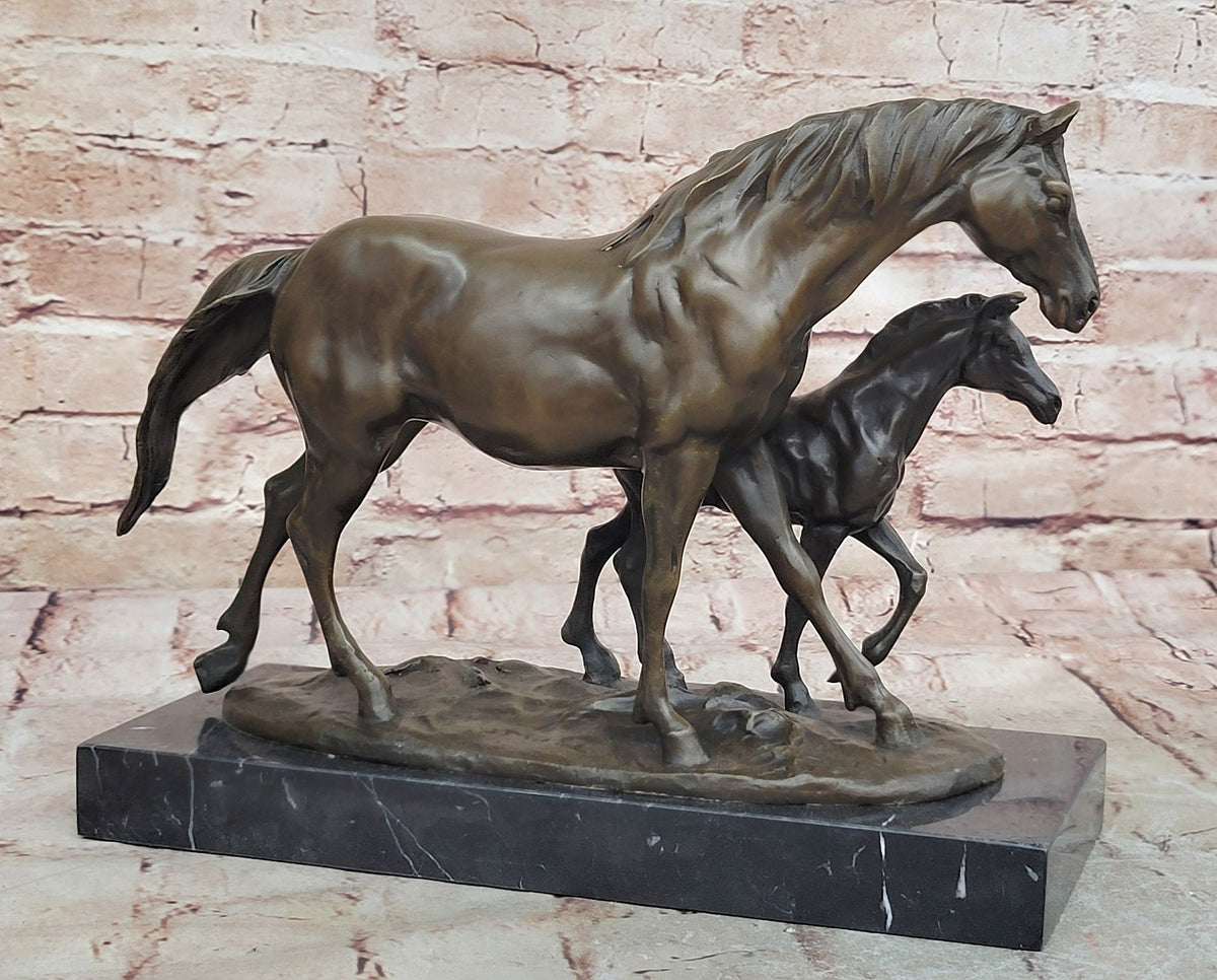 Bronze Mare and Foal Horse Sculpture on Marble Base