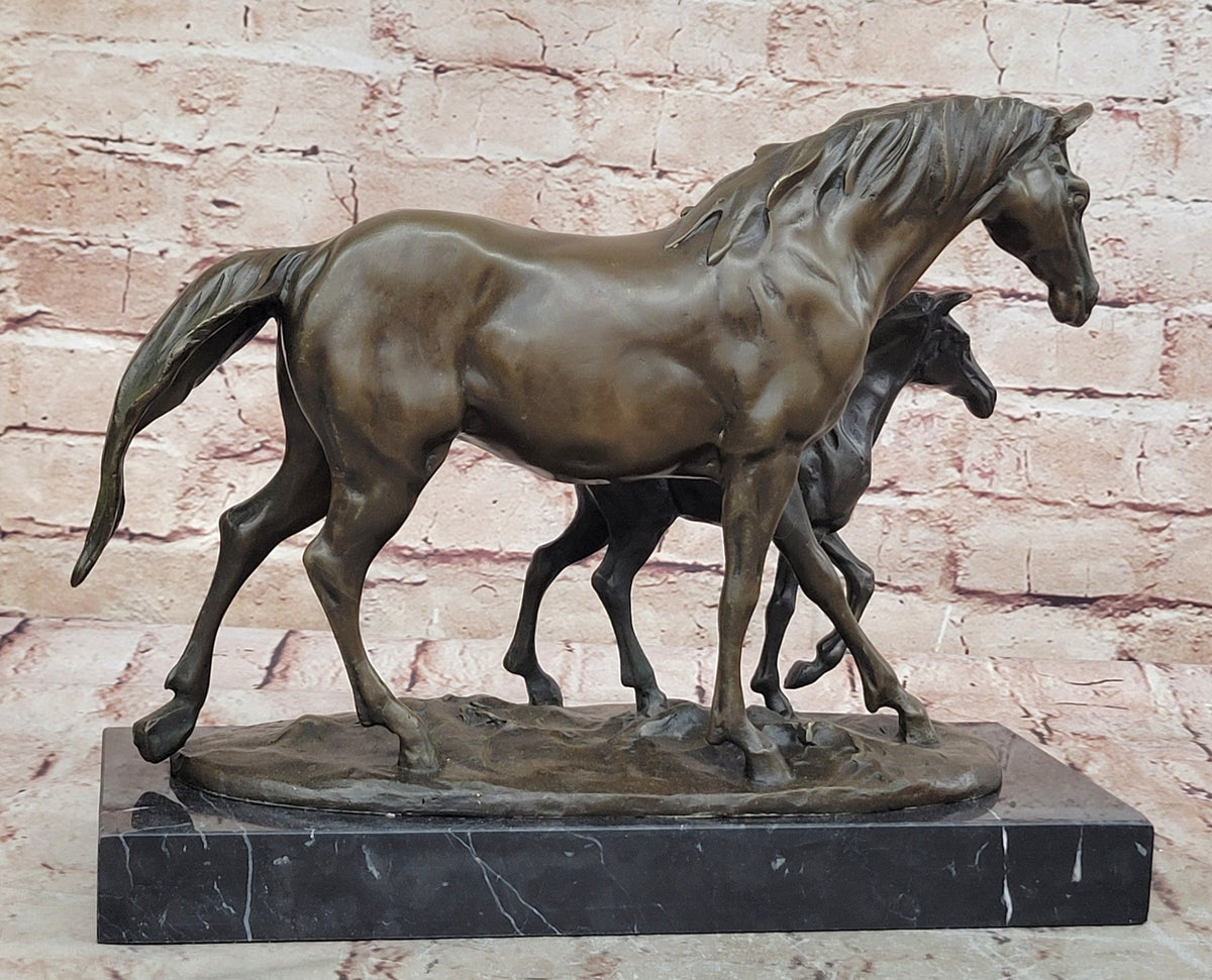 Bronze Mare and Foal Horse Sculpture on Marble Base