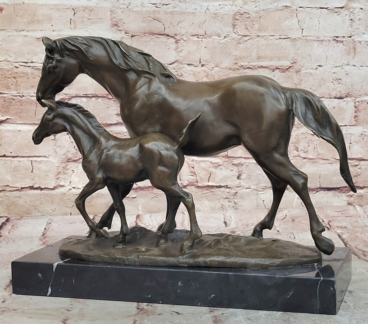 Bronze Mare and Foal Horse Sculpture on Marble Base