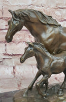 Bronze Mare and Foal Horse Sculpture on Marble Base