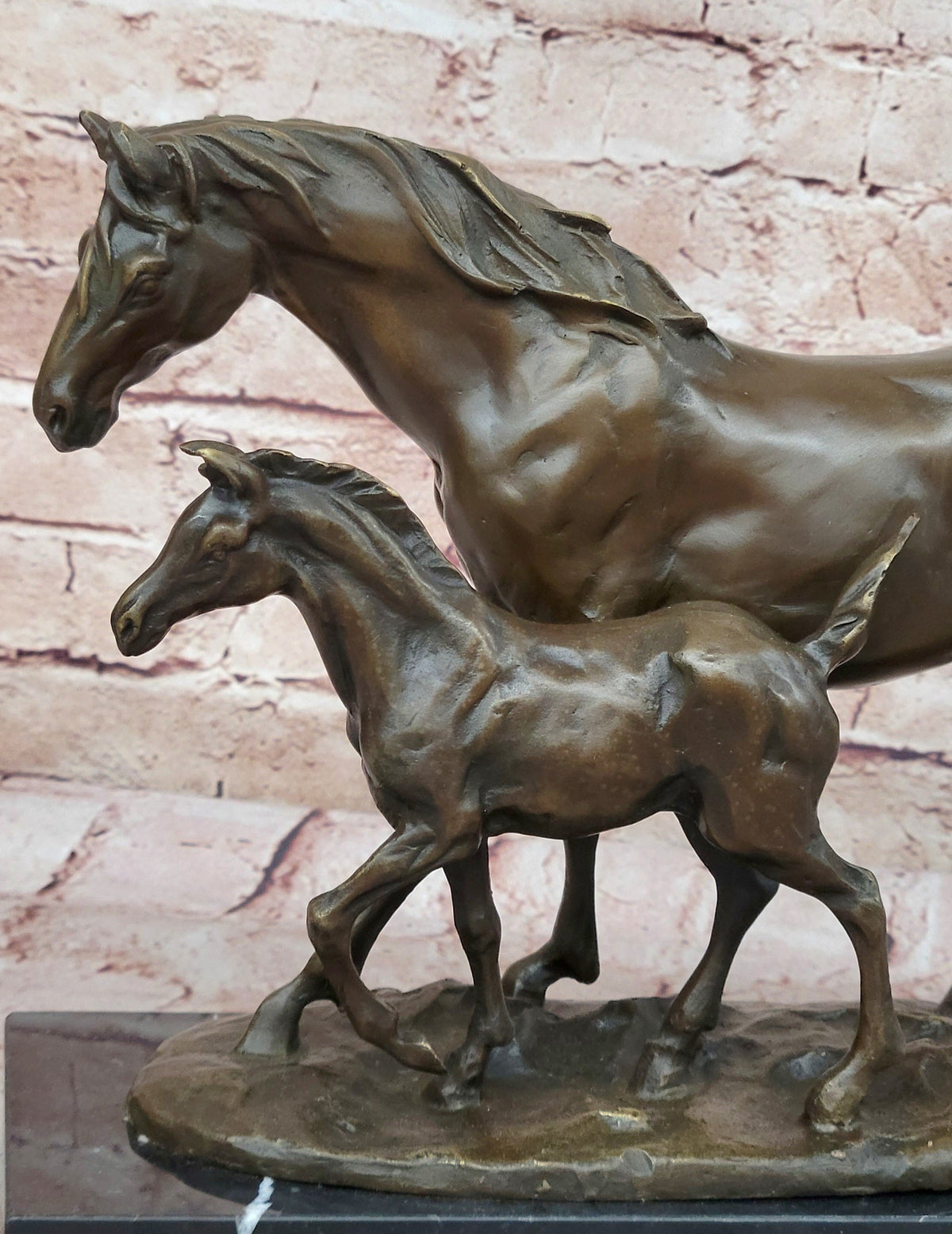 Bronze Mare and Foal Horse Sculpture on Marble Base