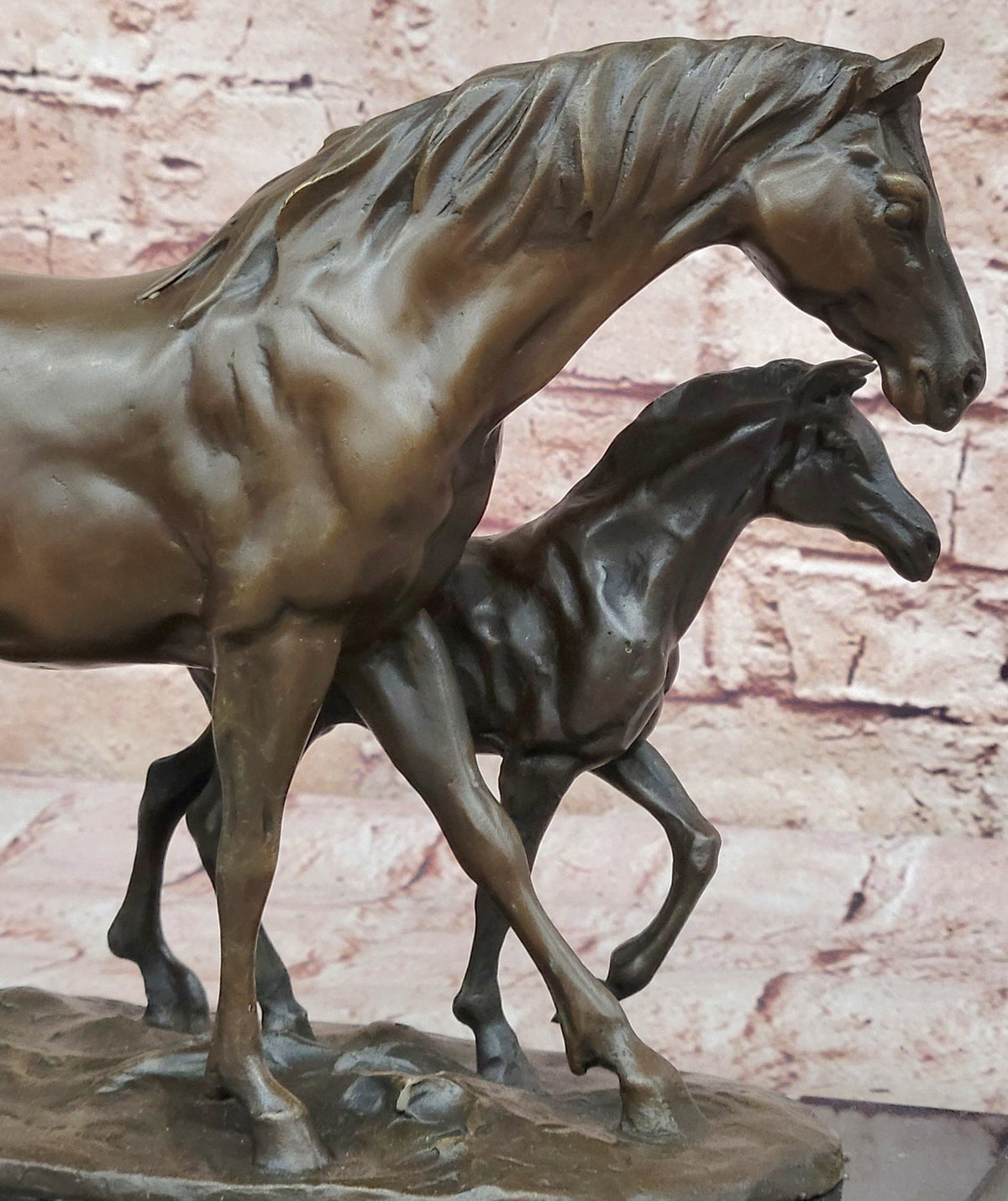 Bronze Mare and Foal Horse Sculpture on Marble Base