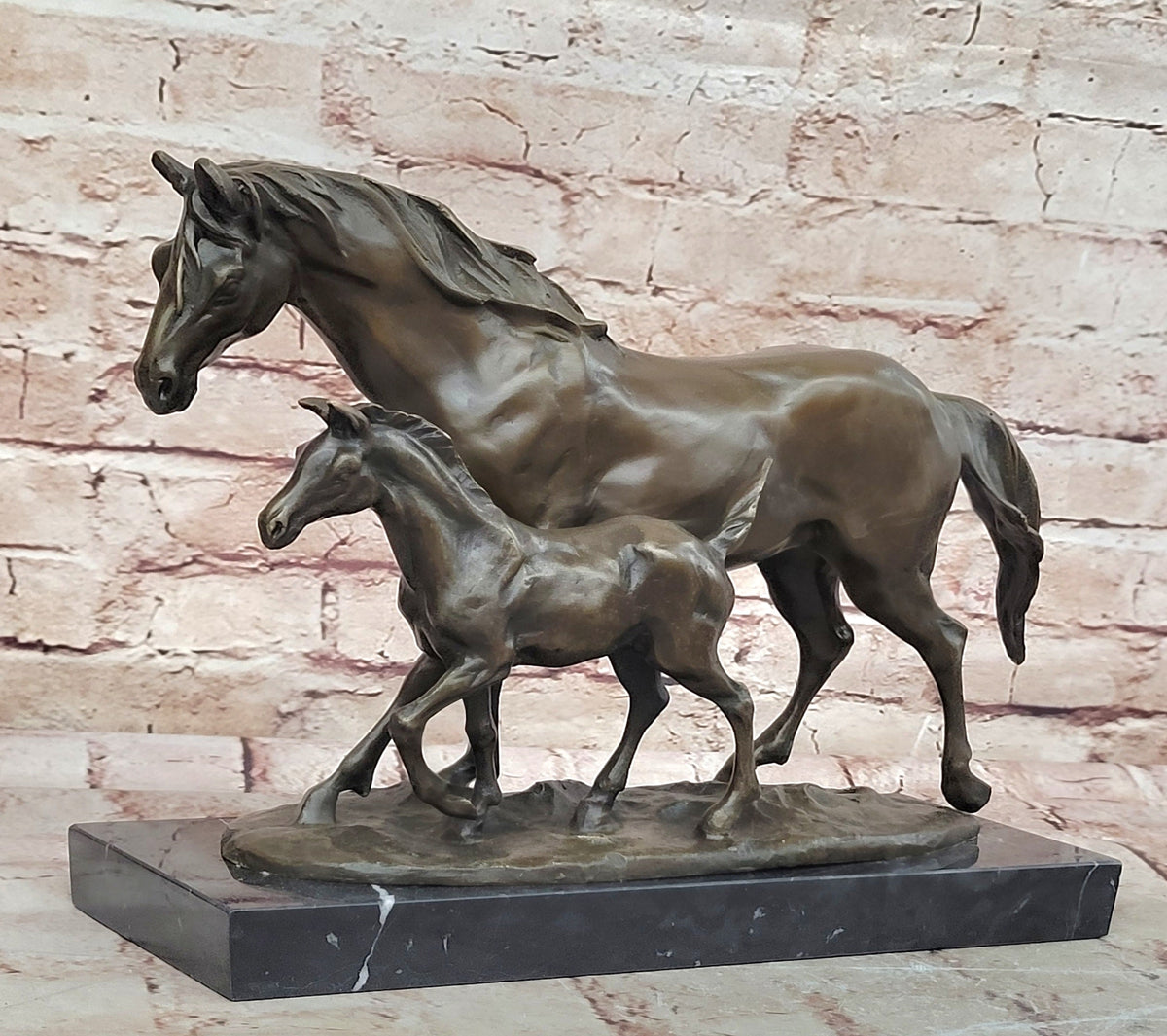 Bronze Mare and Foal Horse Sculpture on Marble Base