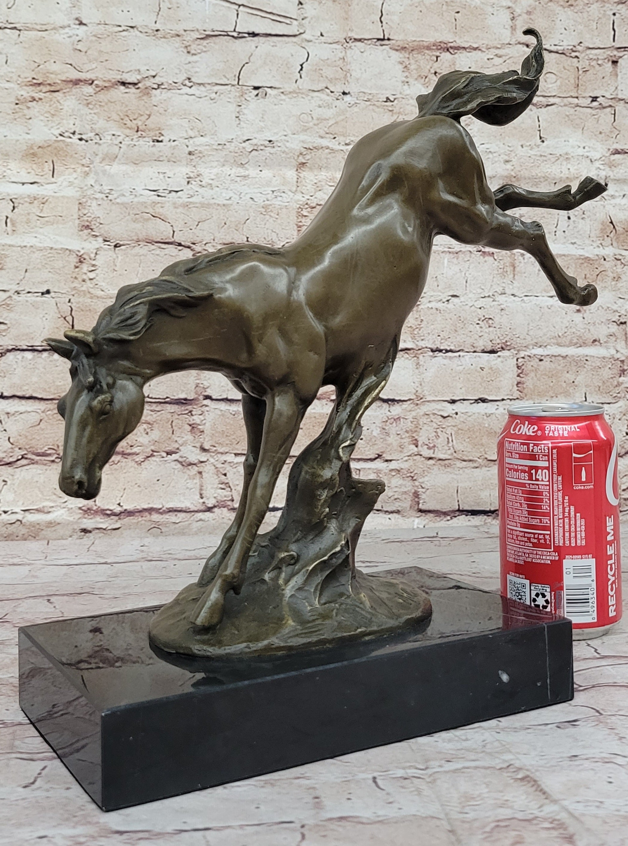 Jumping Wild Horse Mustang Stallion Bronze on Marble Base