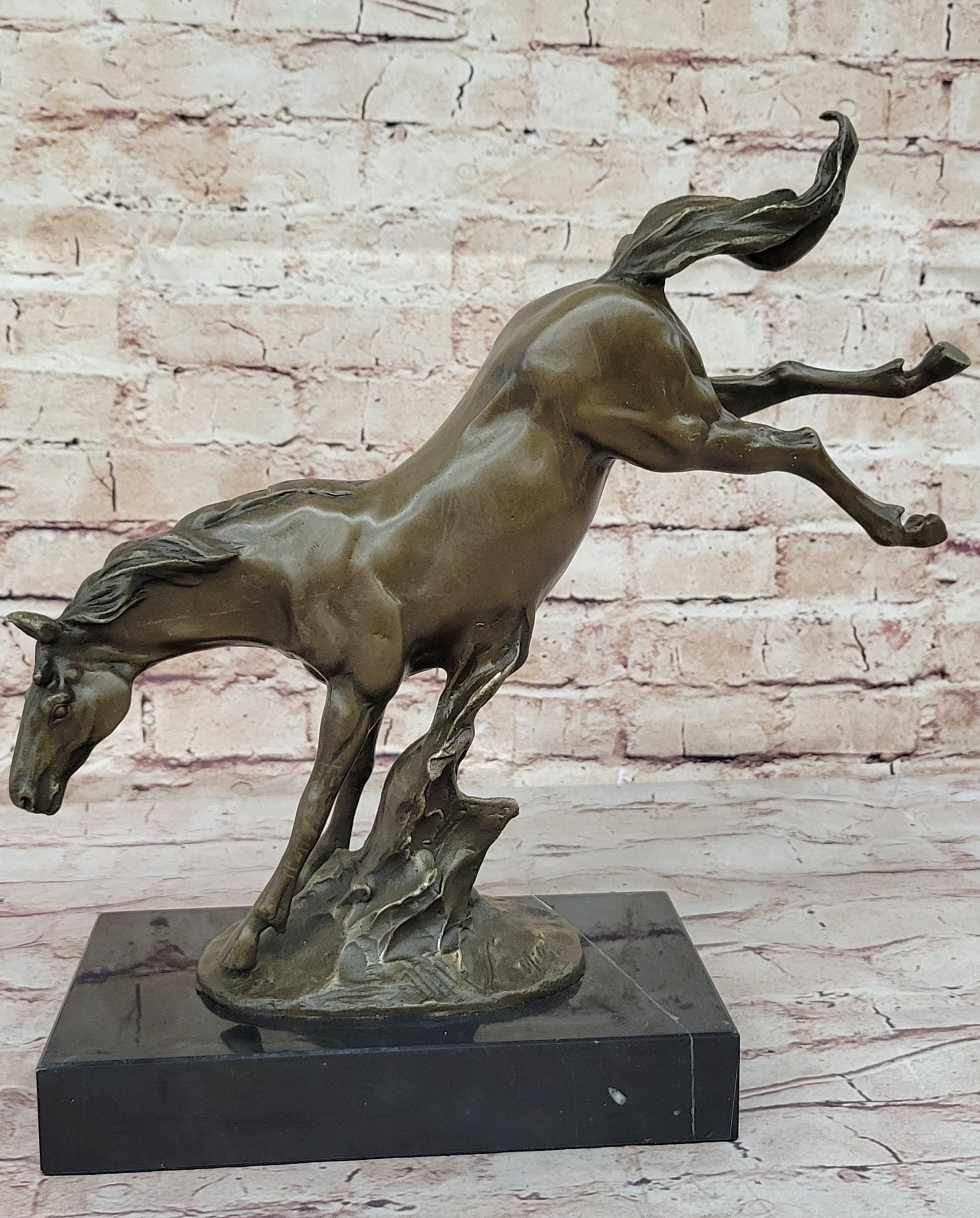 Jumping Wild Horse Mustang Stallion Bronze on Marble Base