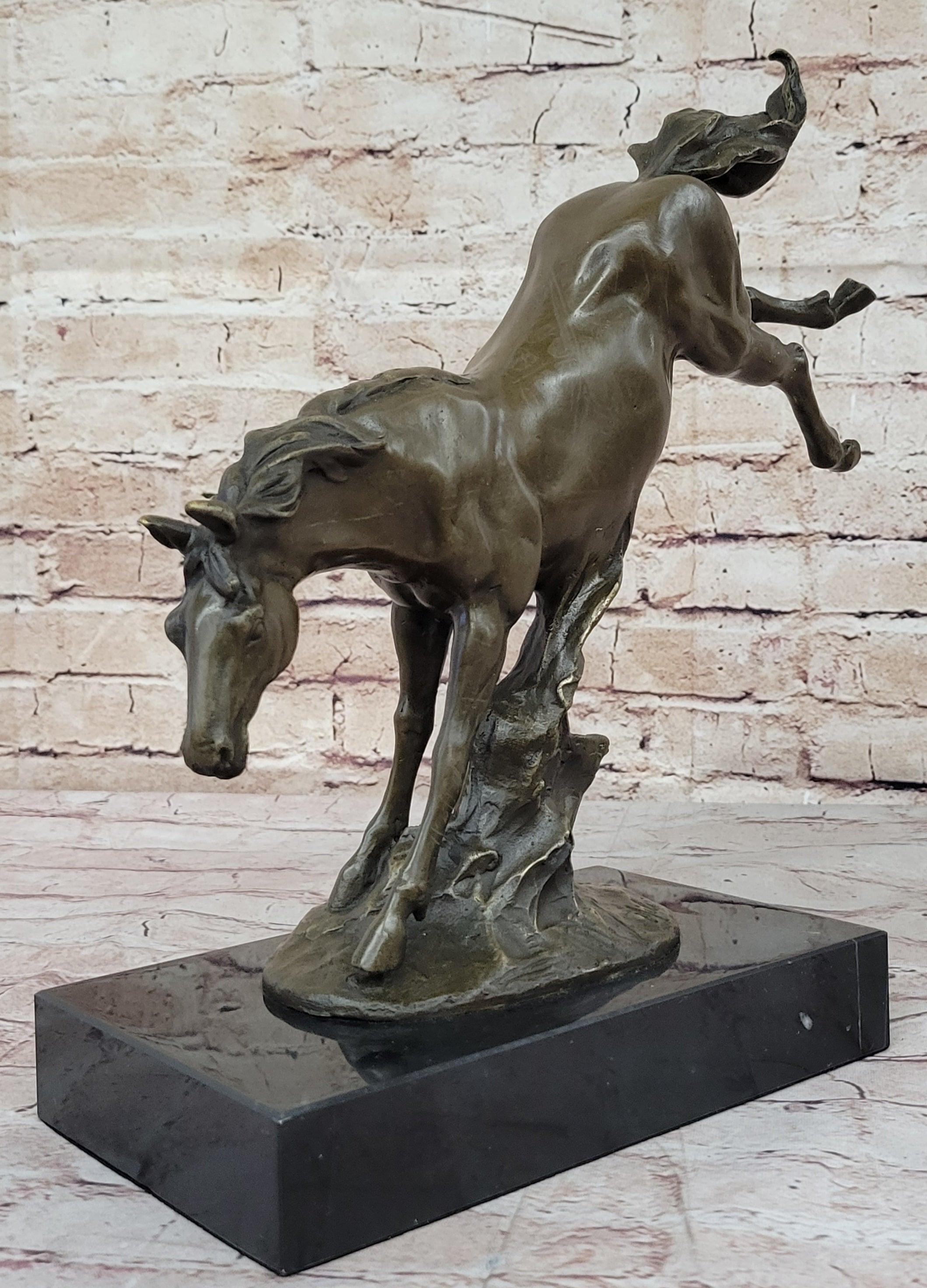Jumping Wild Horse Mustang Stallion Bronze on Marble Base