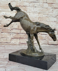 Jumping Wild Horse Mustang Stallion Bronze on Marble Base