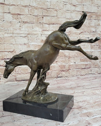 Jumping Wild Horse Mustang Stallion Bronze on Marble Base