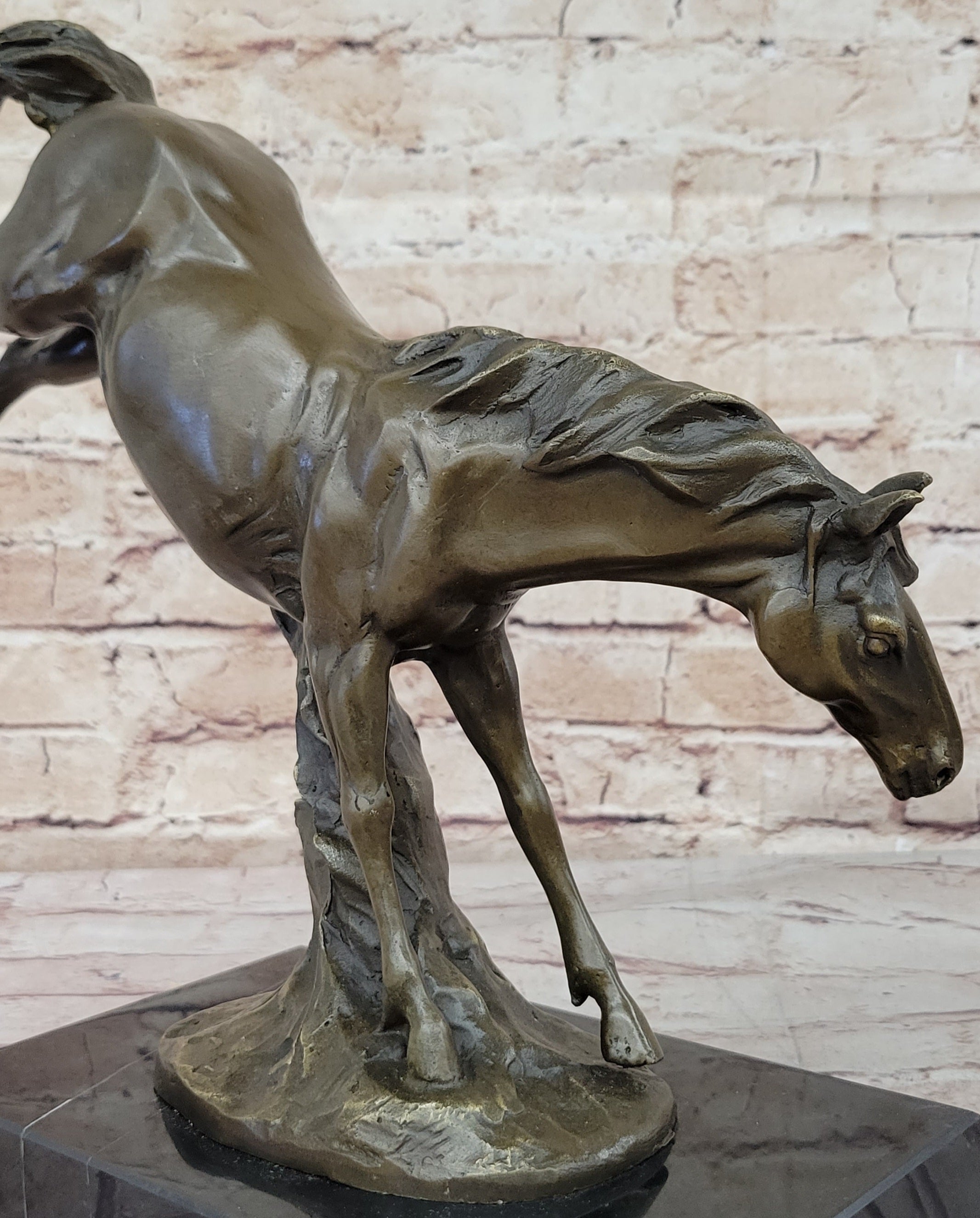 Jumping Wild Horse Mustang Stallion Bronze on Marble Base
