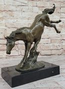 Jumping Wild Horse Mustang Stallion Bronze on Marble Base