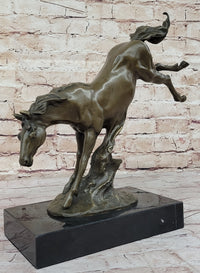 Jumping Wild Horse Mustang Stallion Bronze on Marble Base