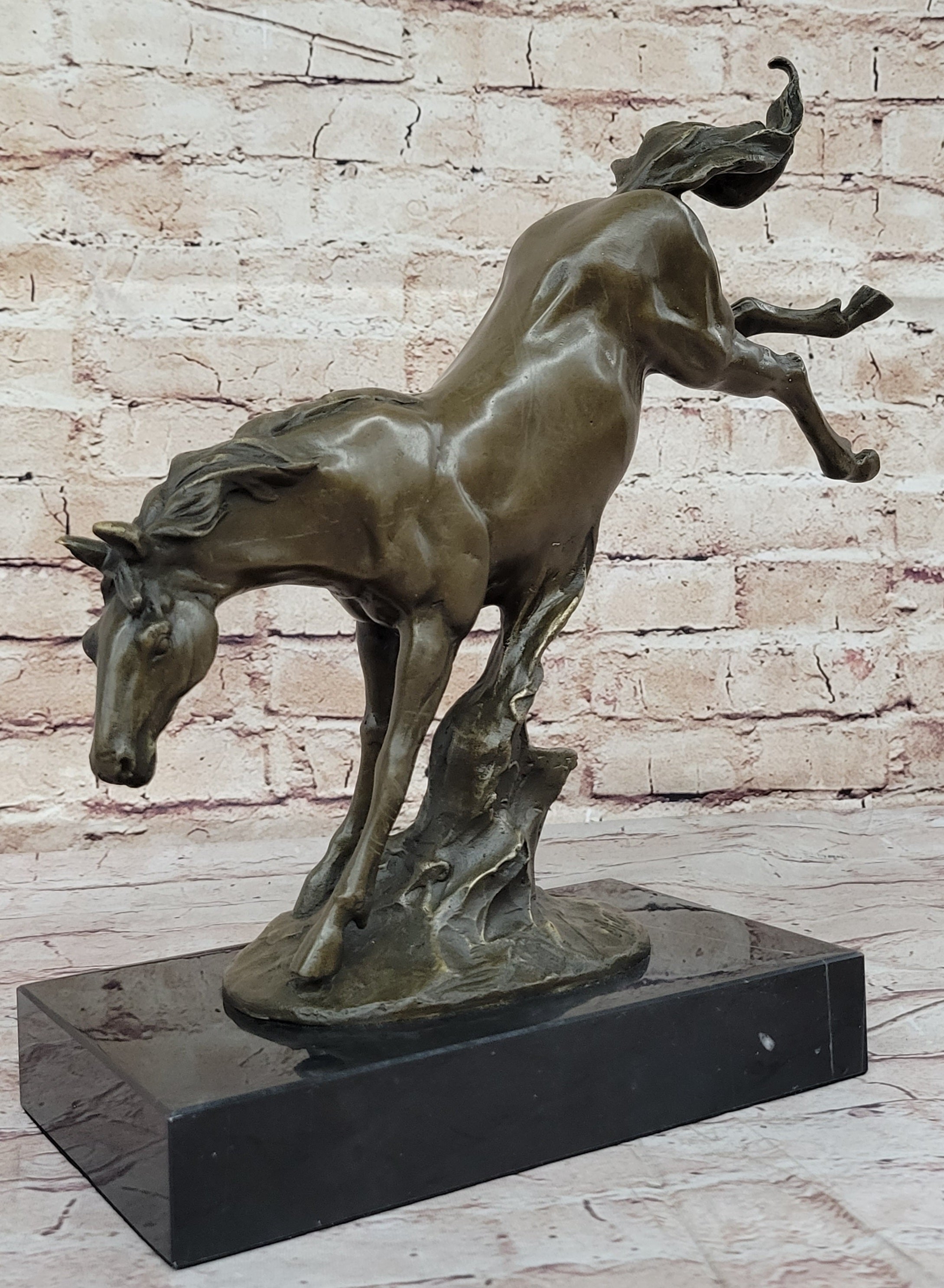 Jumping Wild Horse Mustang Stallion Bronze on Marble Base