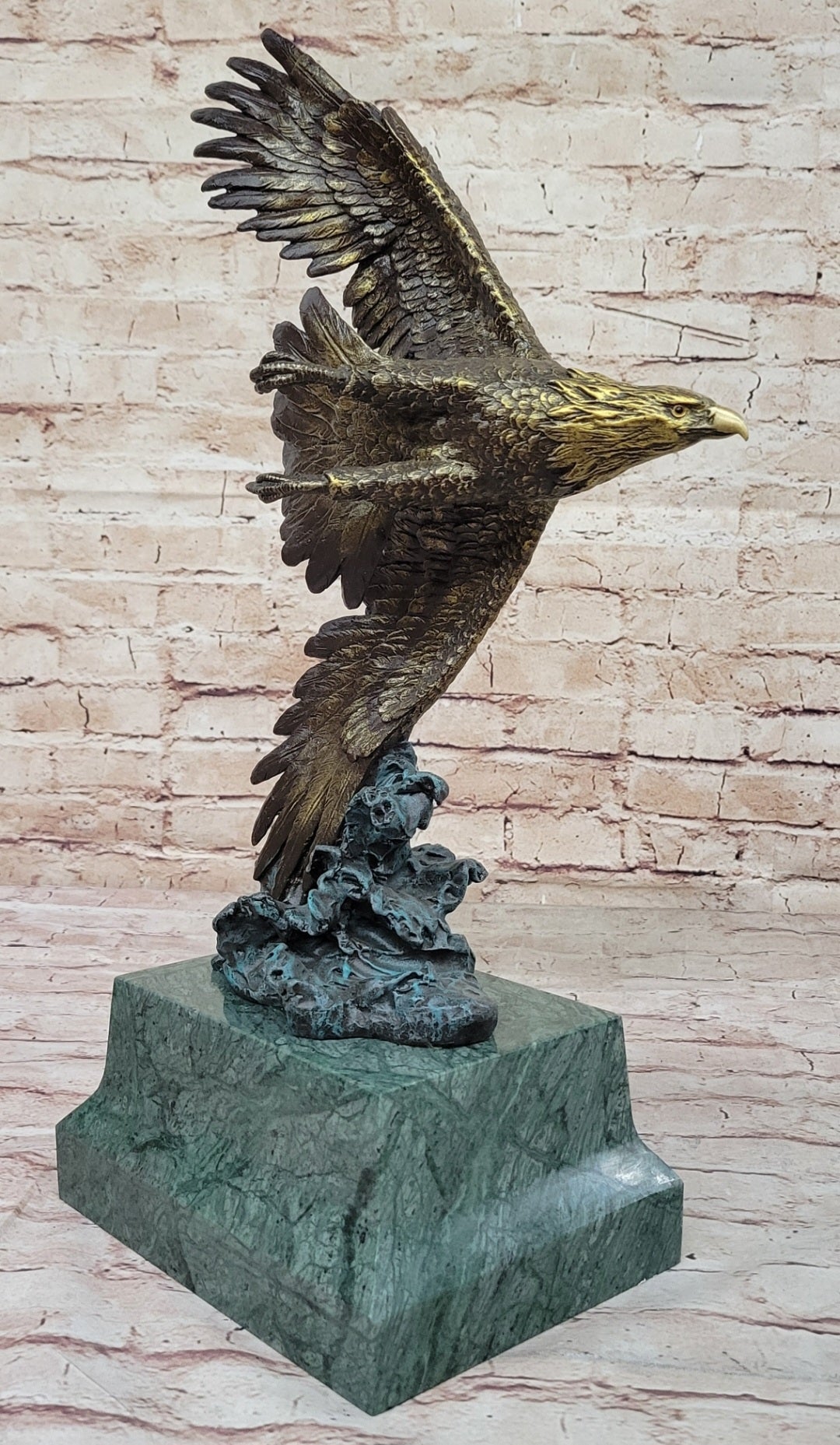American Bald Eagle Flying Sideways Bronze on Green Marble Base