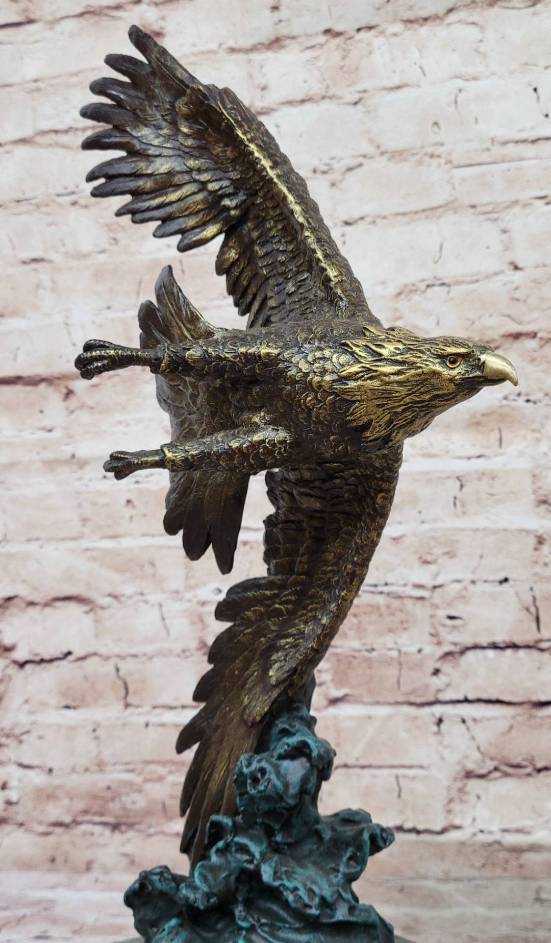 American Bald Eagle Flying Sideways Bronze on Green Marble Base