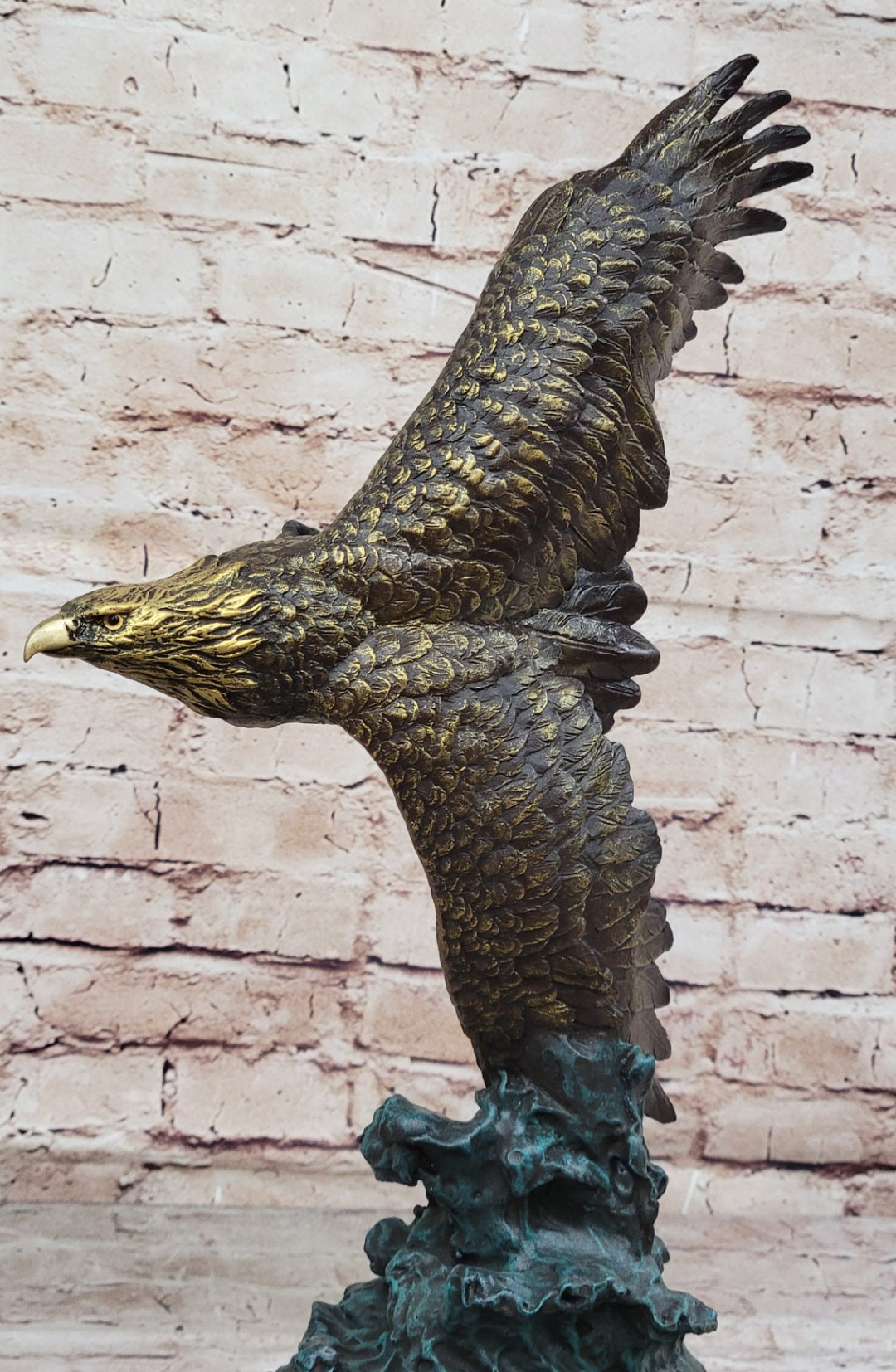 American Bald Eagle Flying Sideways Bronze on Green Marble Base