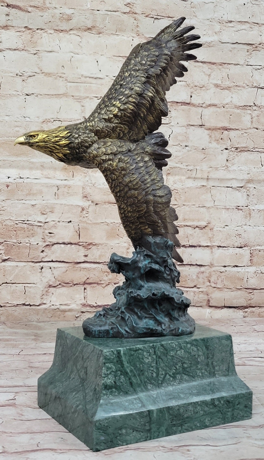 American Bald Eagle Flying Sideways Bronze on Green Marble Base