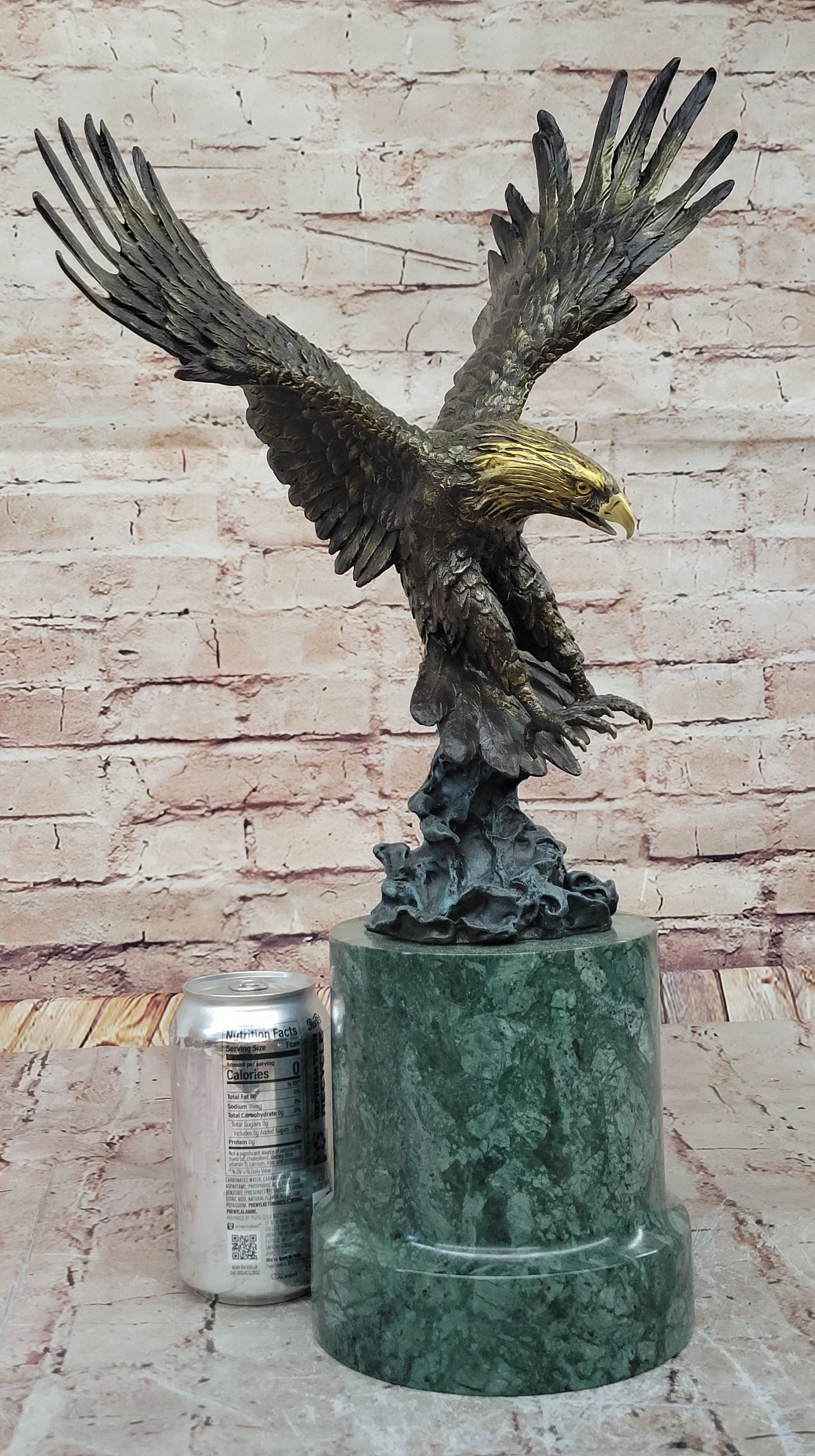 Bronze Bald Eagle Sculpture by Milo on Green Marble Base
