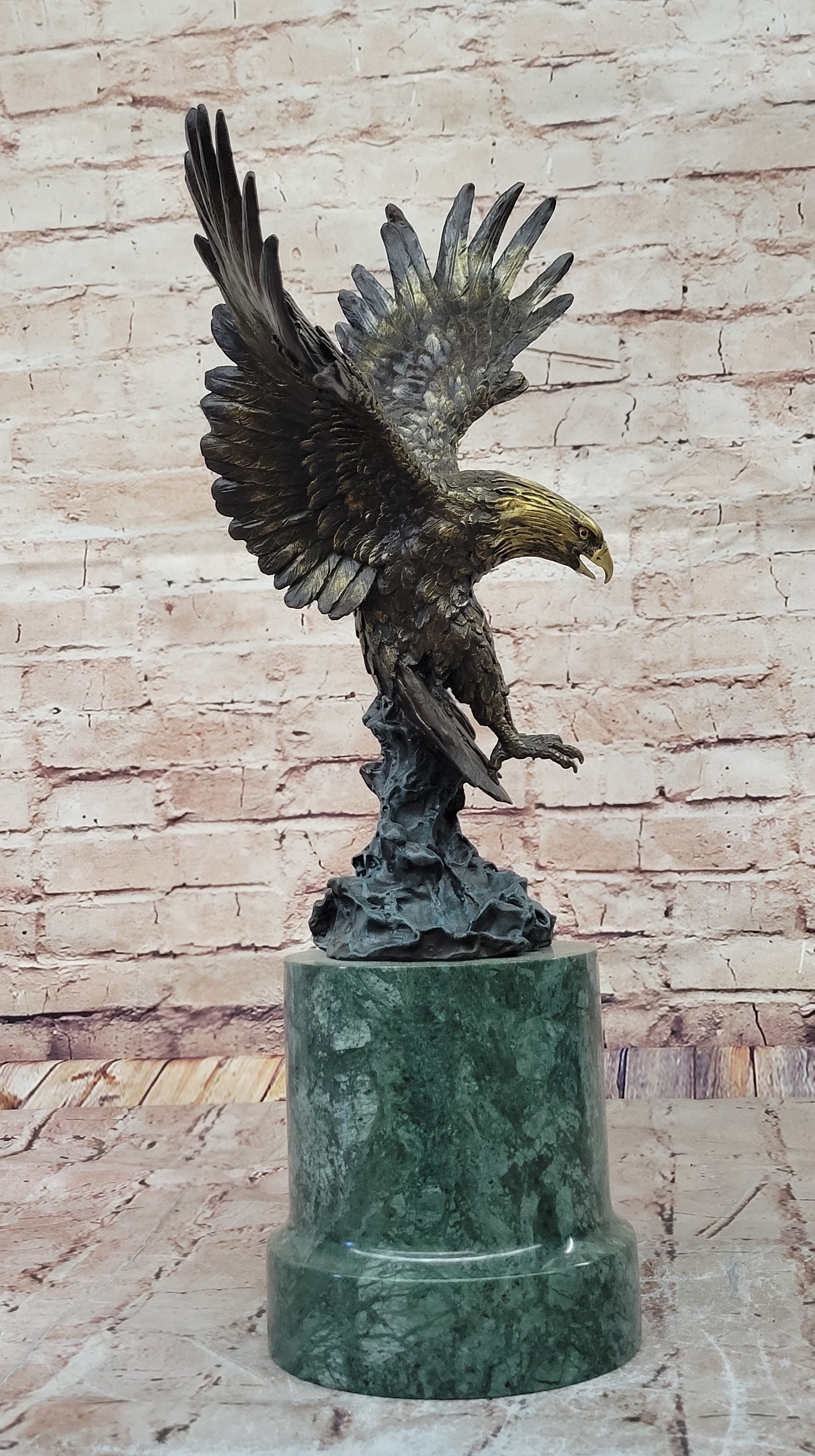 Bronze Bald Eagle Sculpture by Milo on Green Marble Base