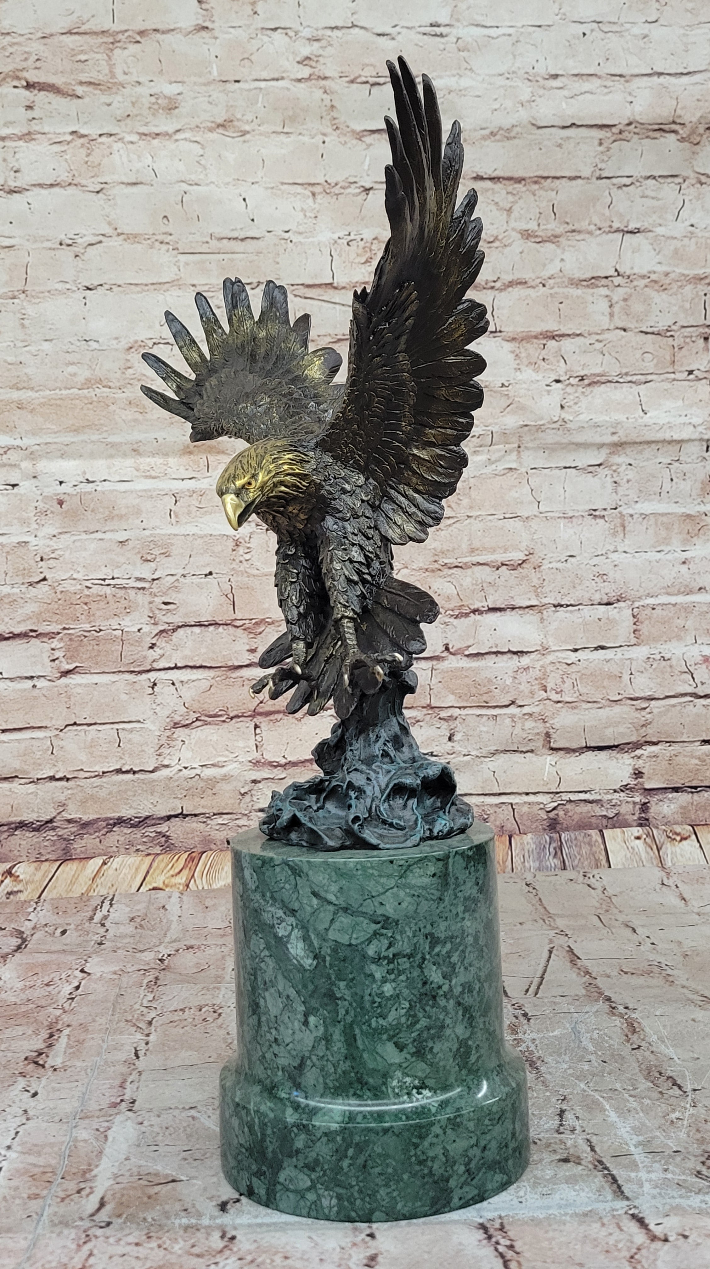 Bronze Bald Eagle Sculpture by Milo on Green Marble Base