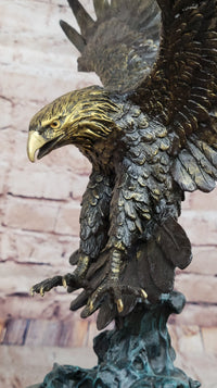 Bronze Bald Eagle Sculpture by Milo on Green Marble Base