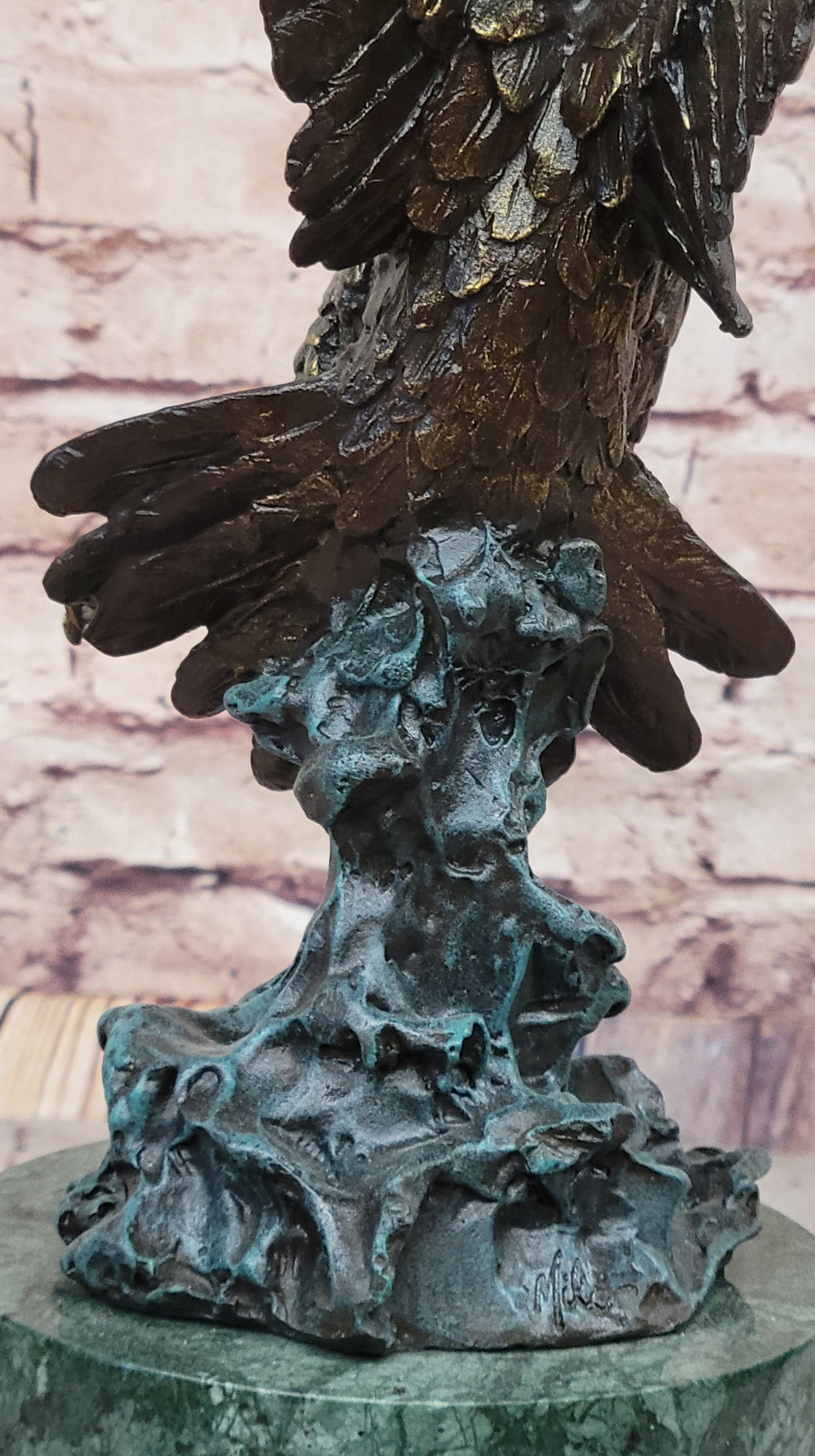 Bronze Bald Eagle Sculpture by Milo on Green Marble Base