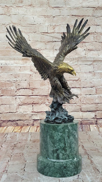 Bronze Bald Eagle Sculpture by Milo on Green Marble Base