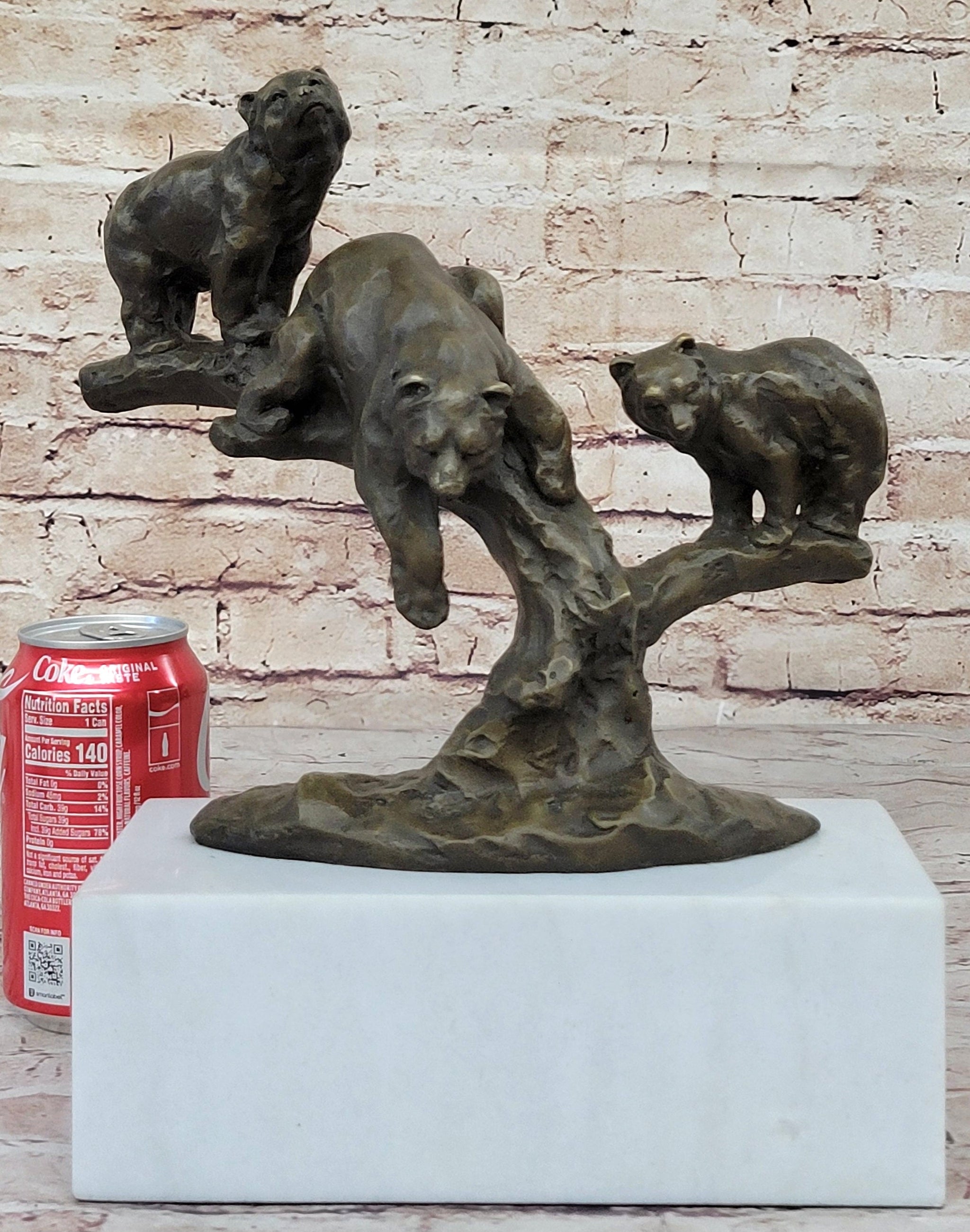 Green Patina Bear Family on Tree Stump Bronze Sculpture