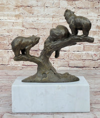 Green Patina Bear Family on Tree Stump Bronze Sculpture