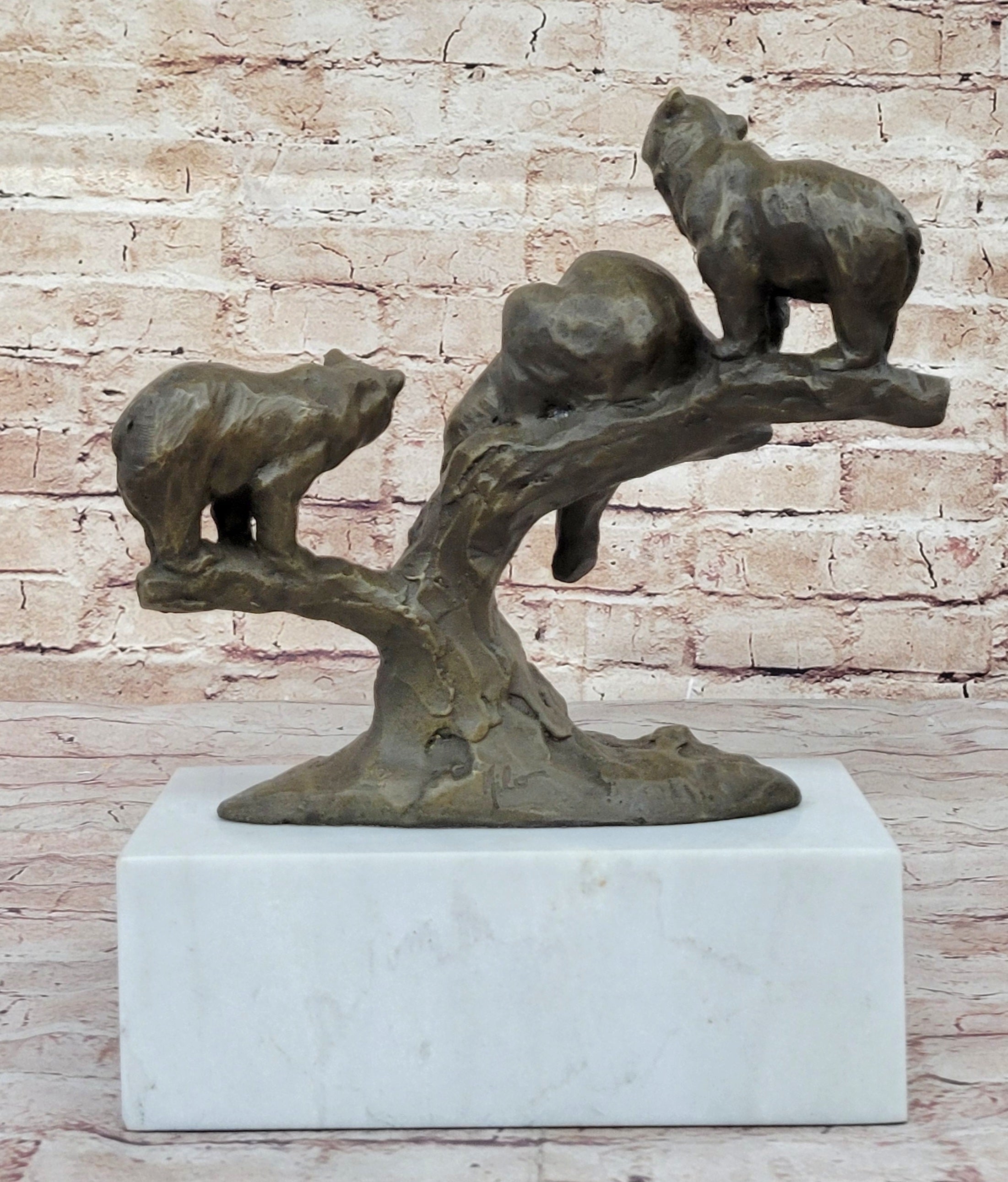 Green Patina Bear Family on Tree Stump Bronze Sculpture
