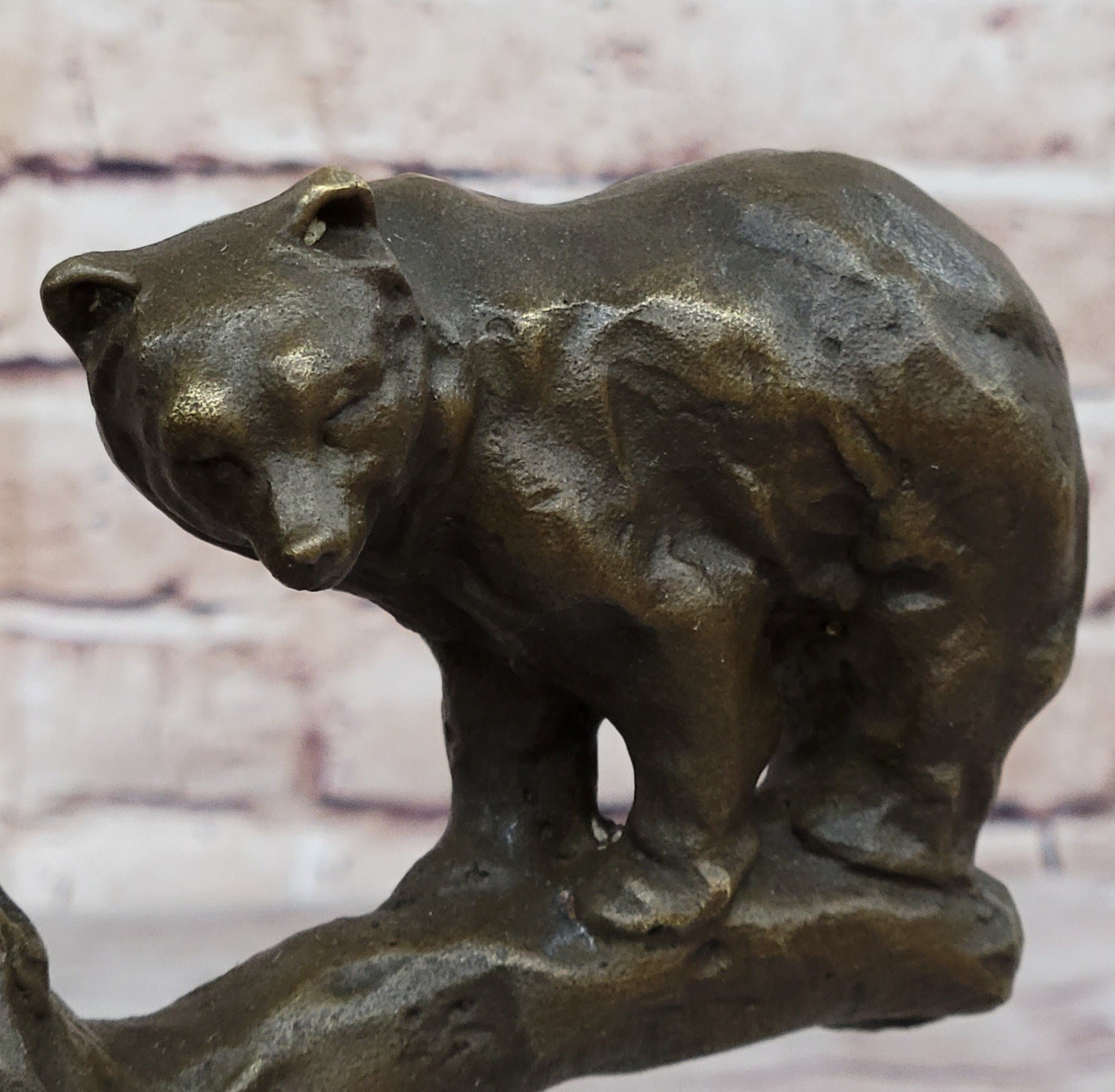 Green Patina Bear Family on Tree Stump Bronze Sculpture