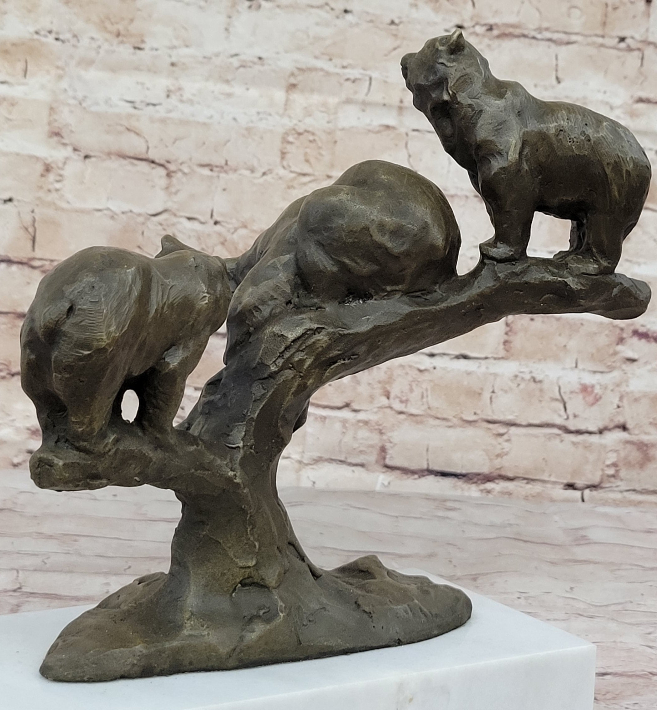 Green Patina Bear Family on Tree Stump Bronze Sculpture