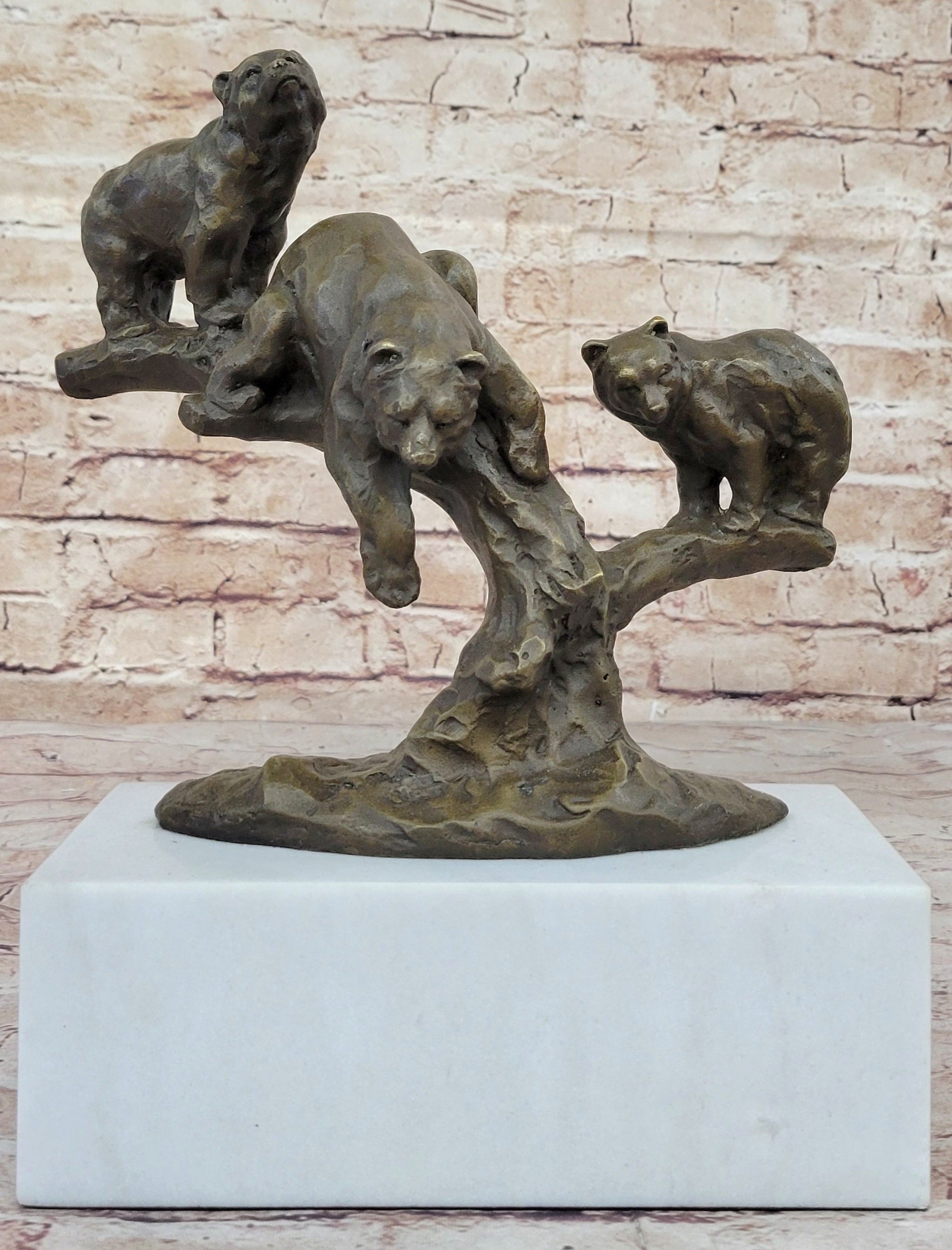 Green Patina Bear Family on Tree Stump Bronze Sculpture