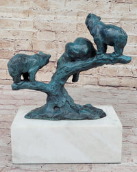 Bear Family on Tree Branch - Bronze Sculpture on Marble Base
