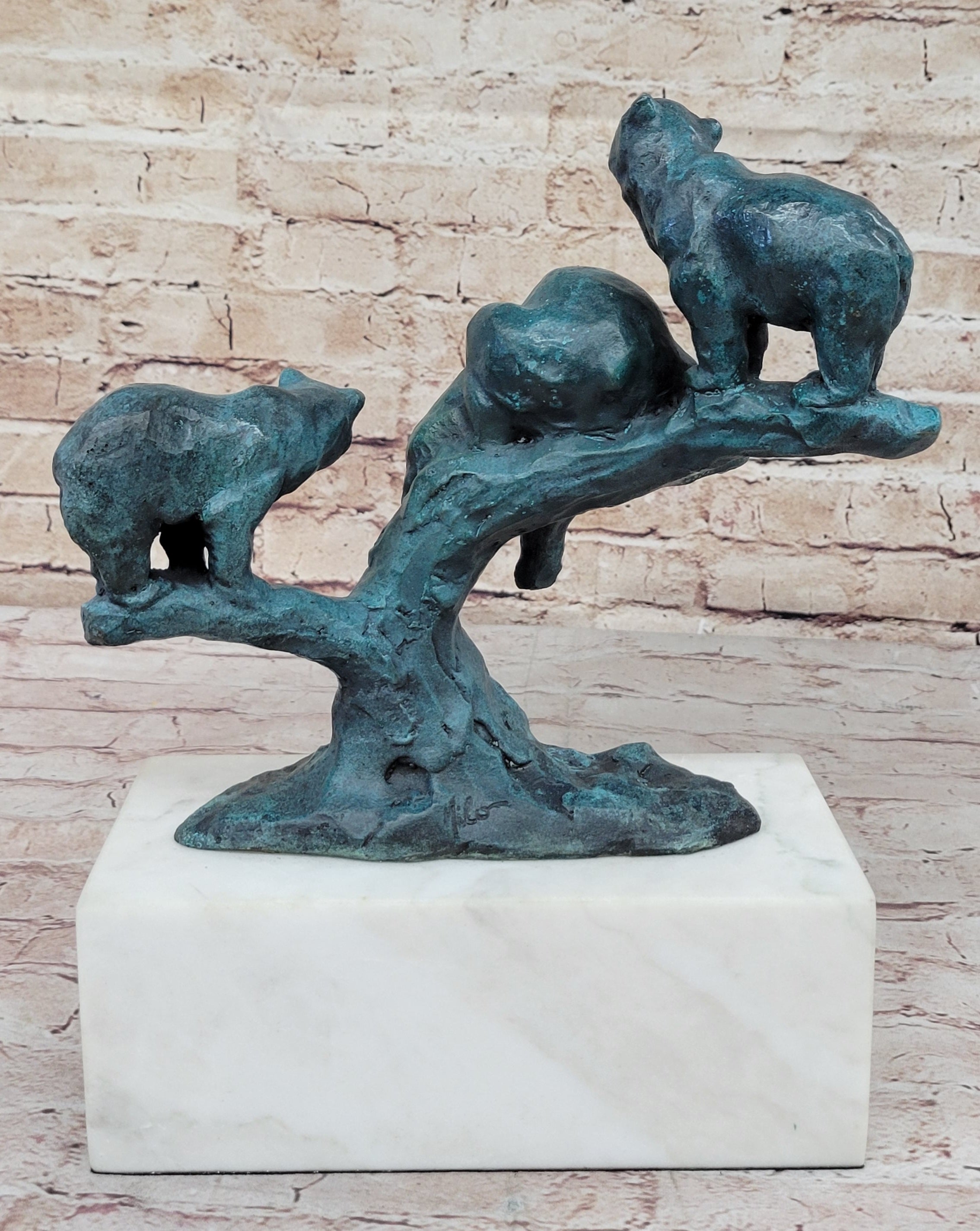 Bear Family on Tree Branch - Bronze Sculpture on Marble Base
