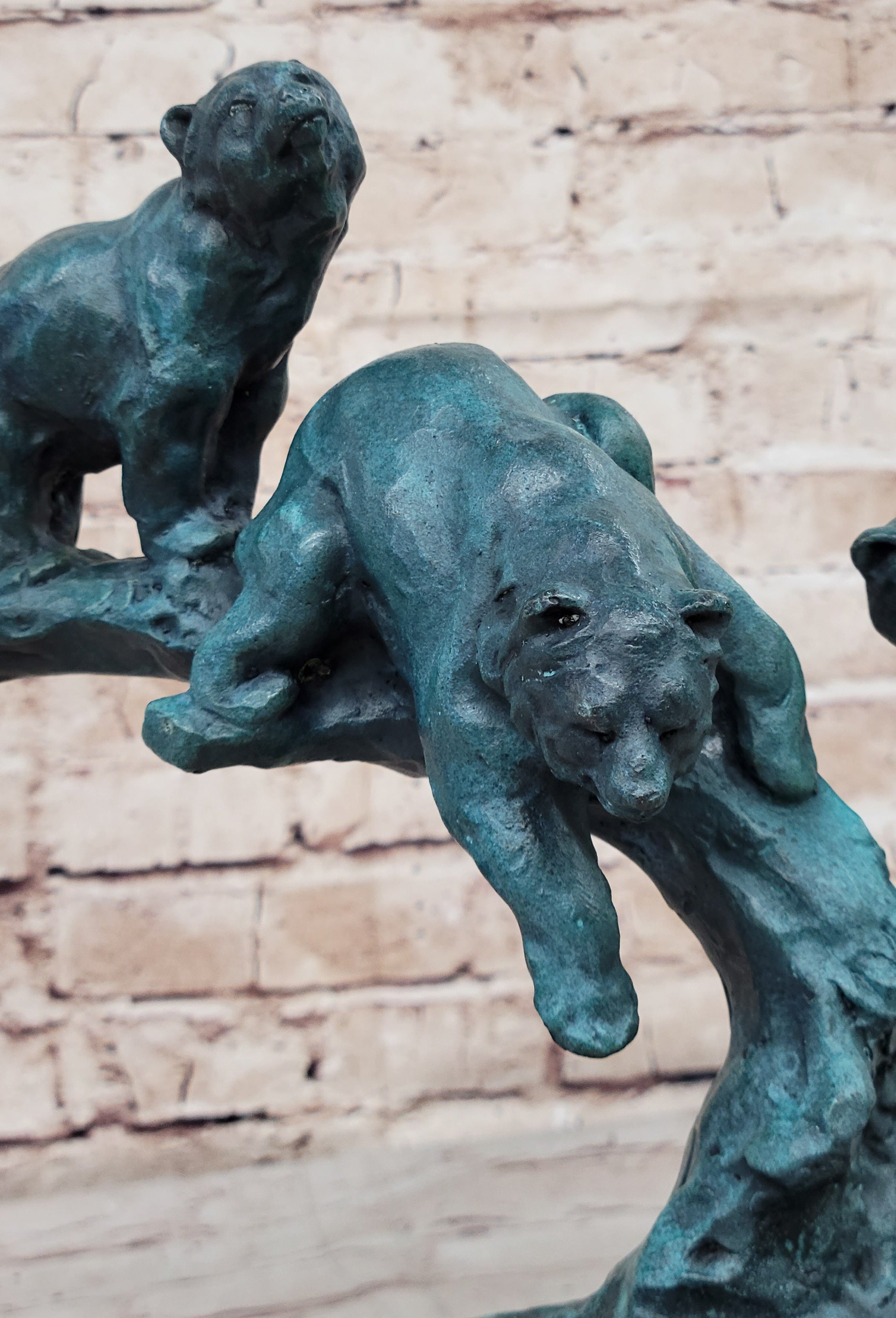 Bear Family on Tree Branch - Bronze Sculpture on Marble Base