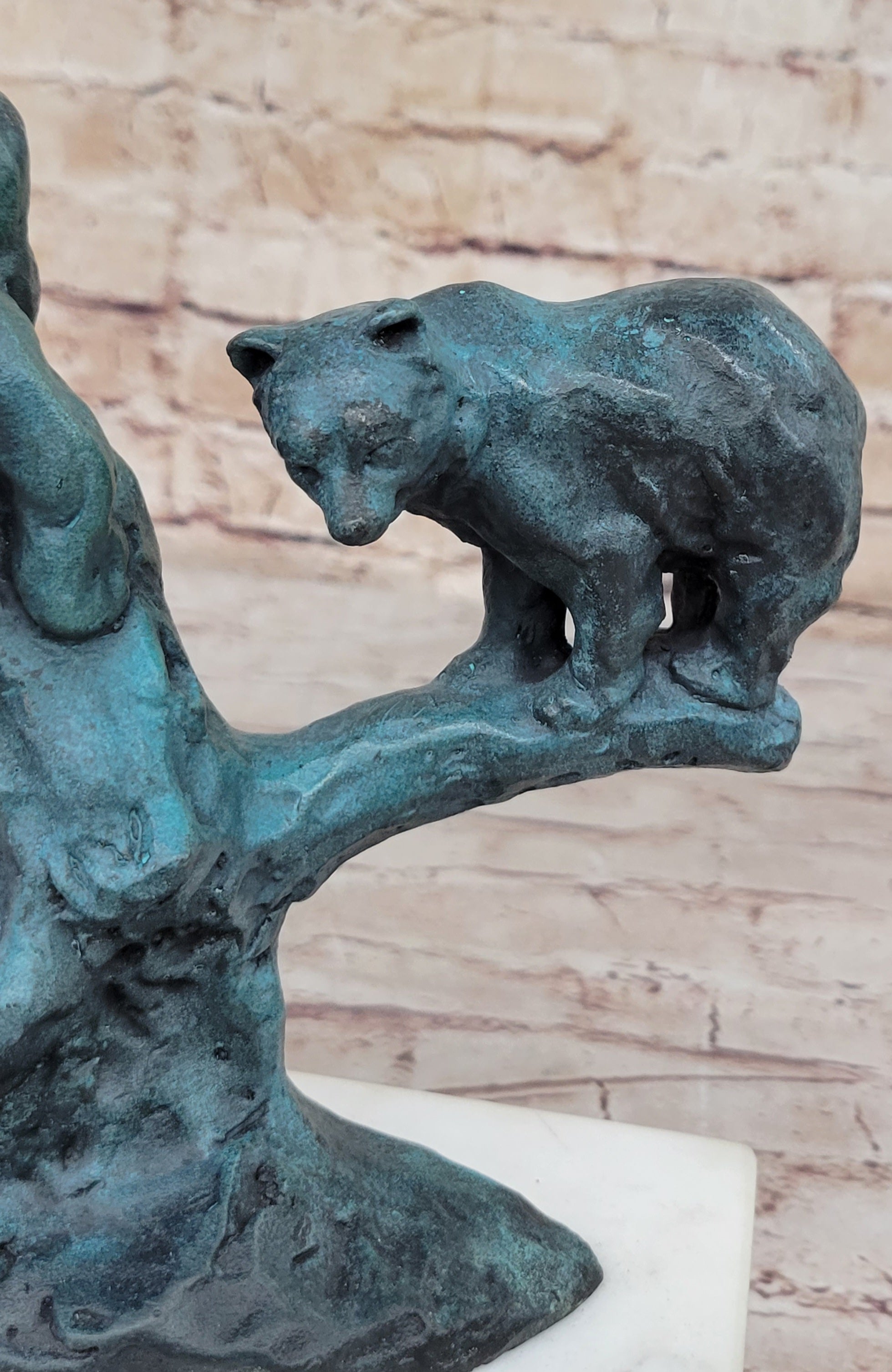 Bear Family on Tree Branch - Bronze Sculpture on Marble Base