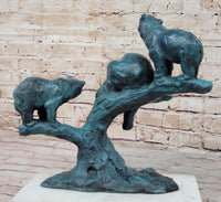 Bear Family on Tree Branch - Bronze Sculpture on Marble Base