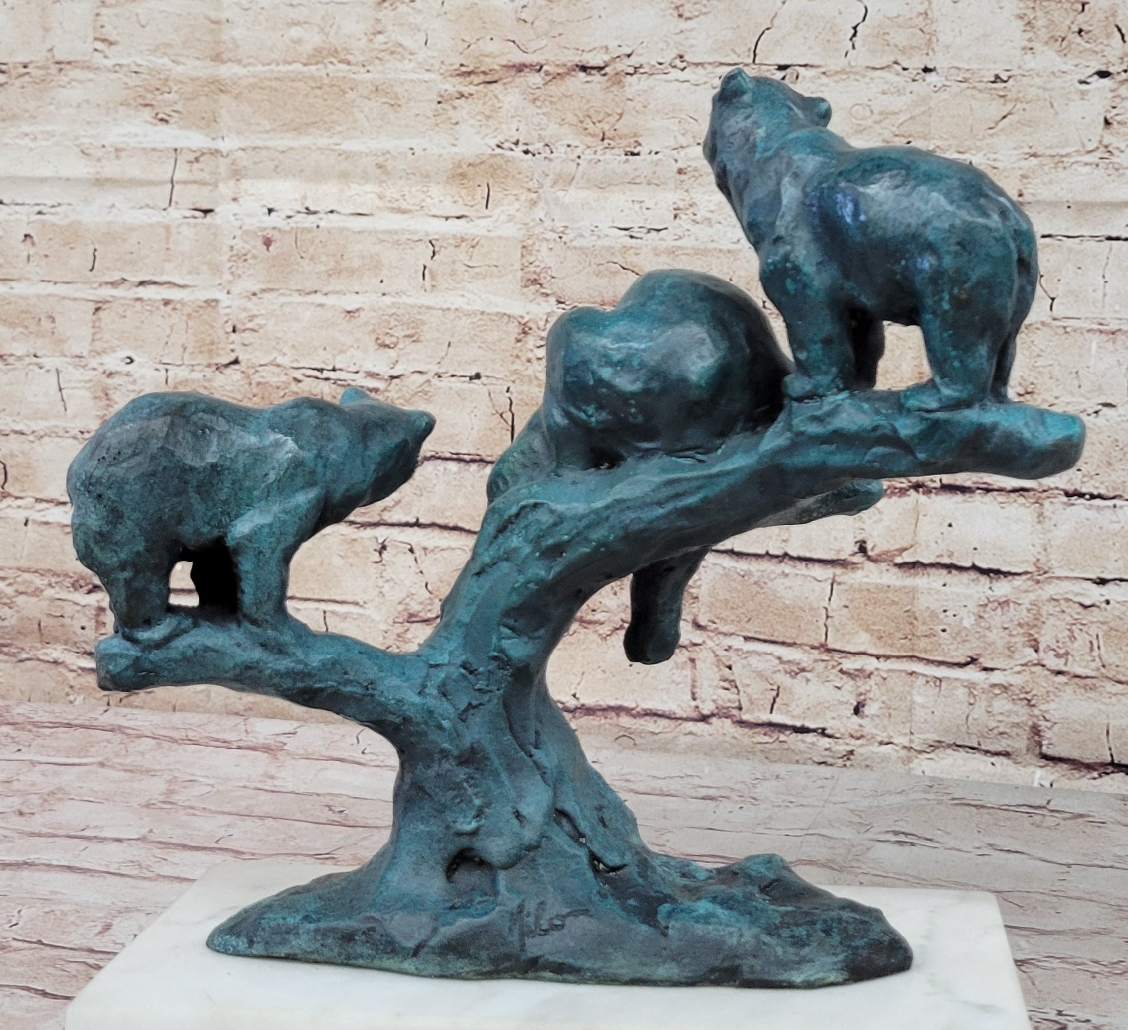 Bear Family on Tree Branch - Bronze Sculpture on Marble Base