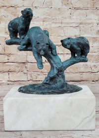 Bear Family on Tree Branch - Bronze Sculpture on Marble Base