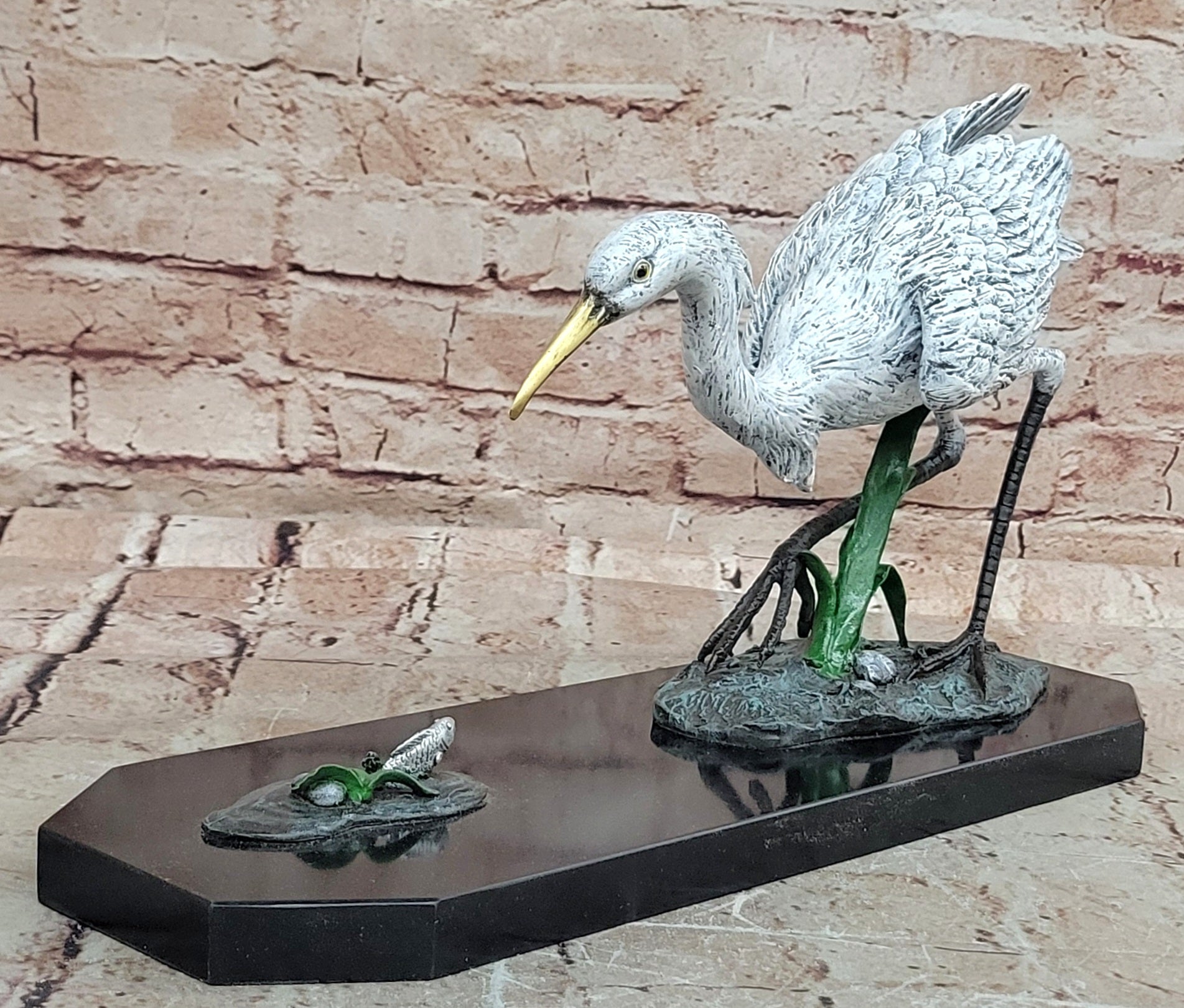 Signed Original Milo Egret/ Crane Bird Hunting Fish Bronze Sculpture statue