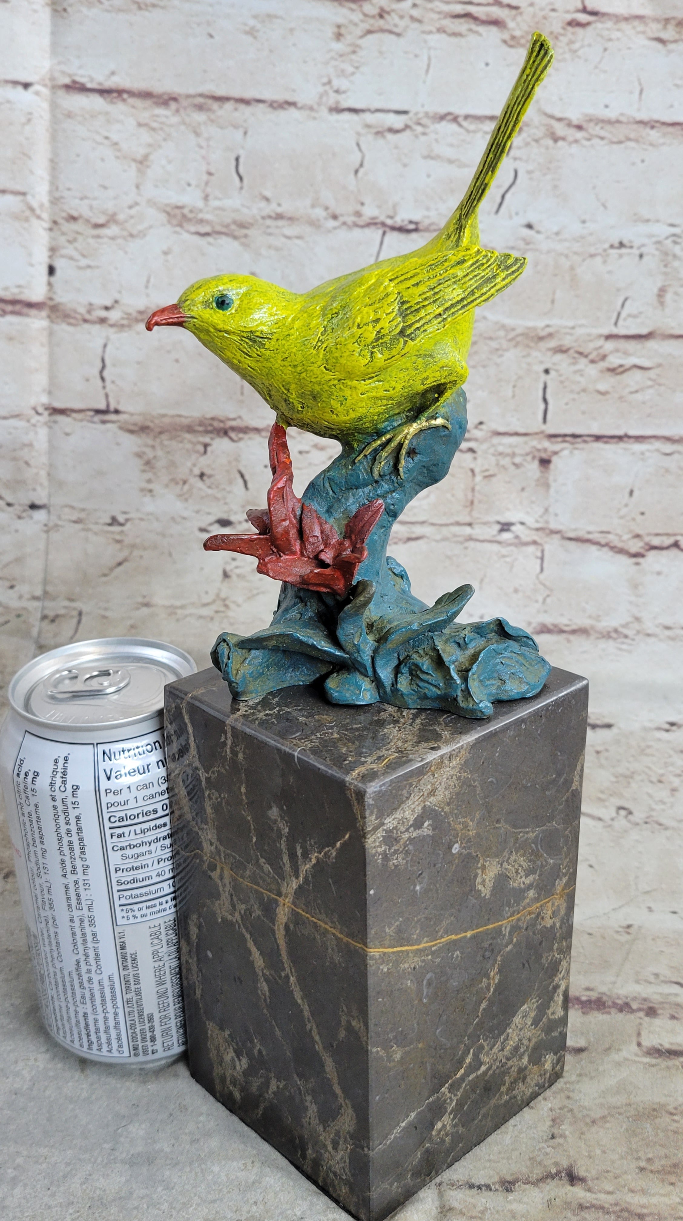 Bronze Colorful Yellow Finch Songbird Sculpture Marble Base