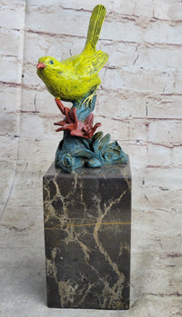 Bronze Colorful Yellow Finch Songbird Sculpture Marble Base