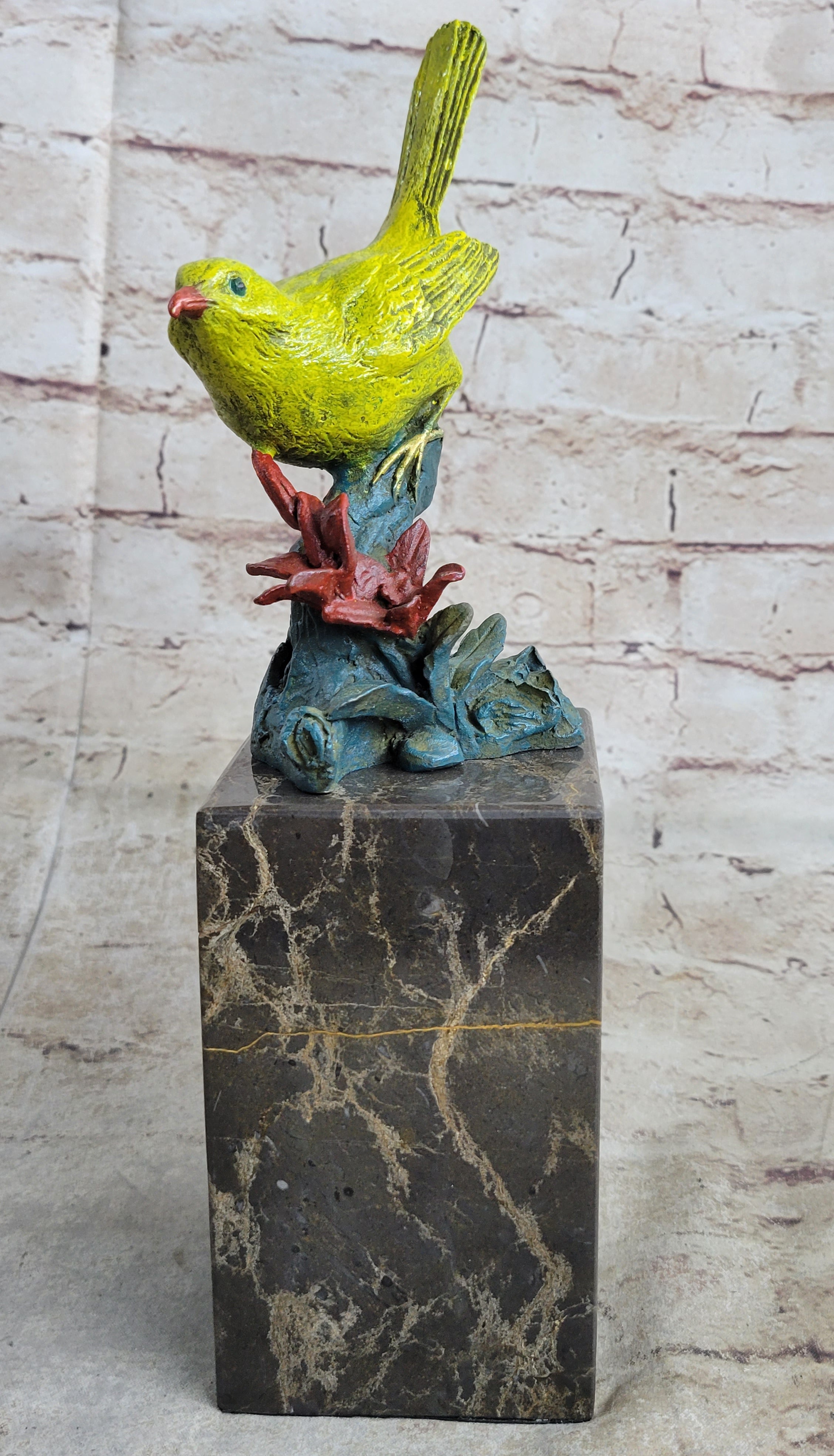 Bronze Colorful Yellow Finch Songbird Sculpture Marble Base