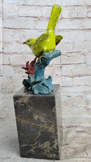 Bronze Colorful Yellow Finch Songbird Sculpture Marble Base