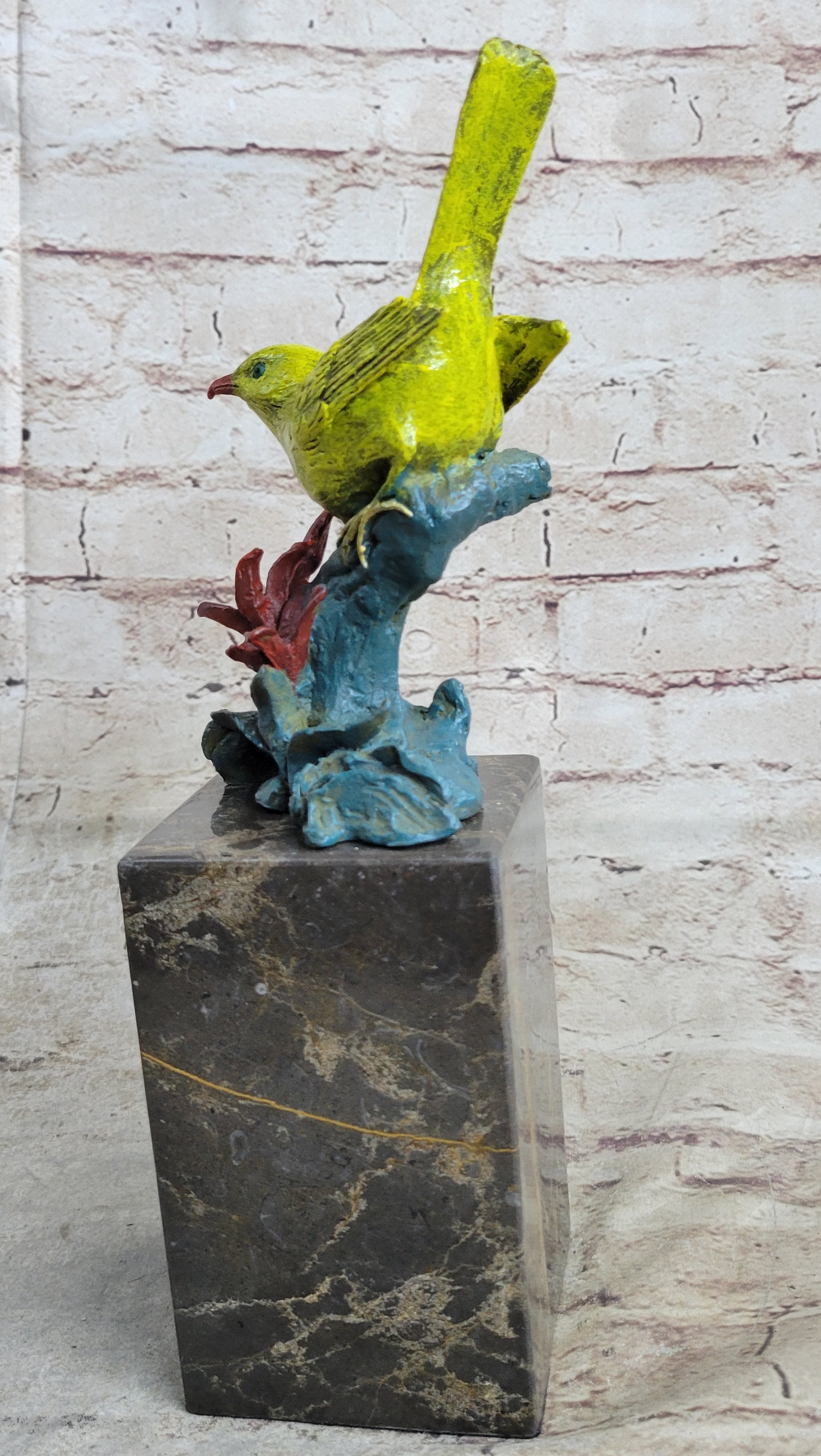Bronze Colorful Yellow Finch Songbird Sculpture Marble Base